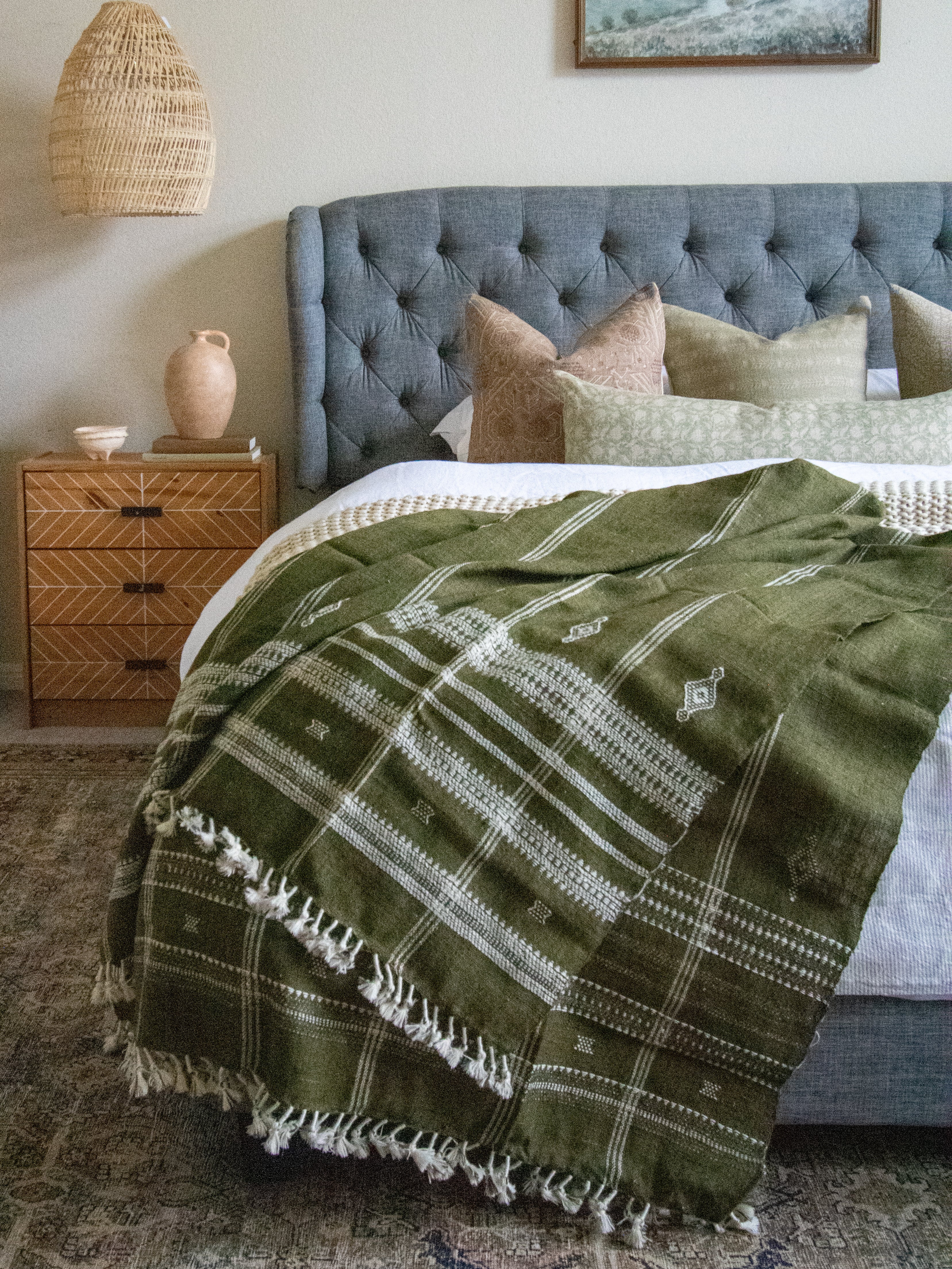 Olive Indian Coverlet, Green Throw Blanket, Wool Bed Runner, Boho Couch Cover, Green Sofa Throw, Wool Bedspread for New House - OLIVER