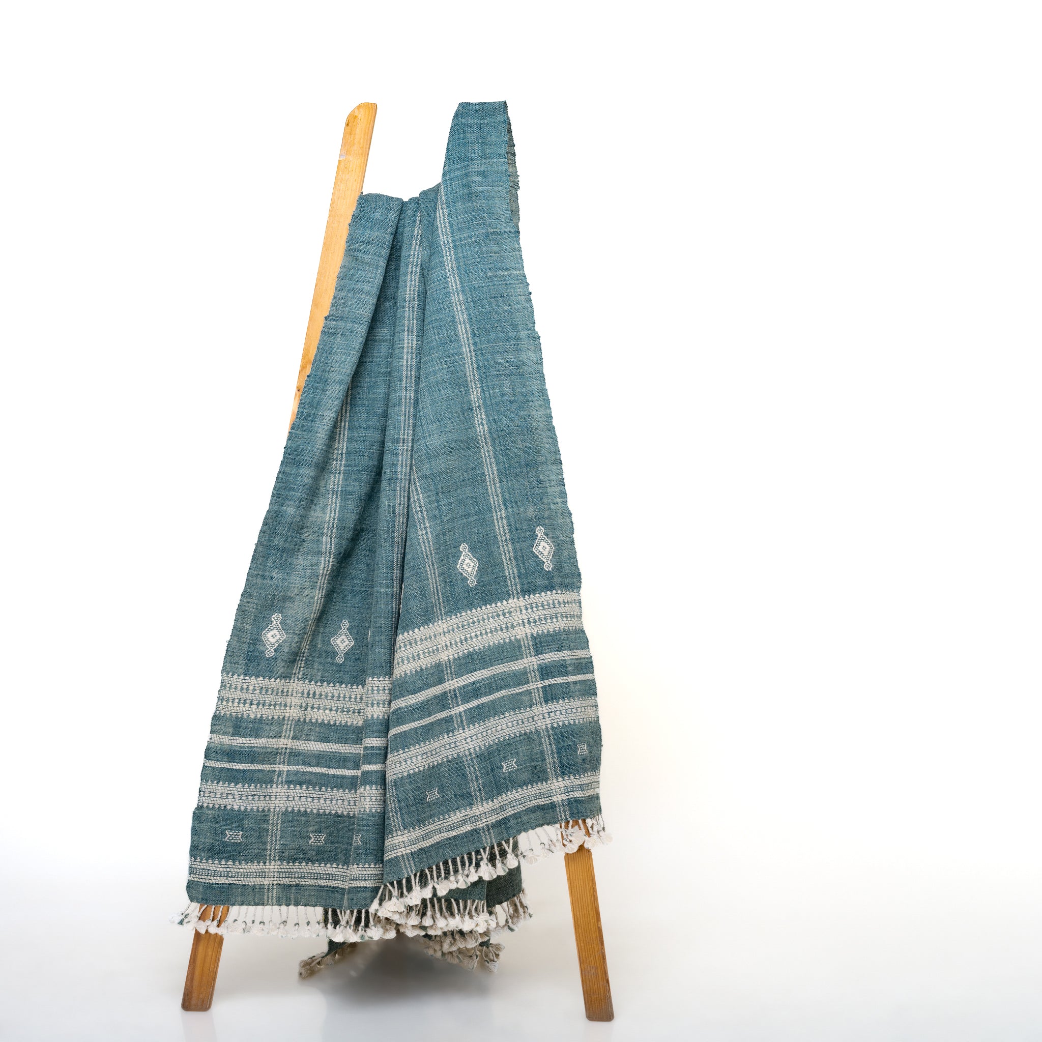 Teal Blue Indian Wool Throw Blanket, Handwoven Couch Coverlet with Geometric Bedroom Layer - TOPAS