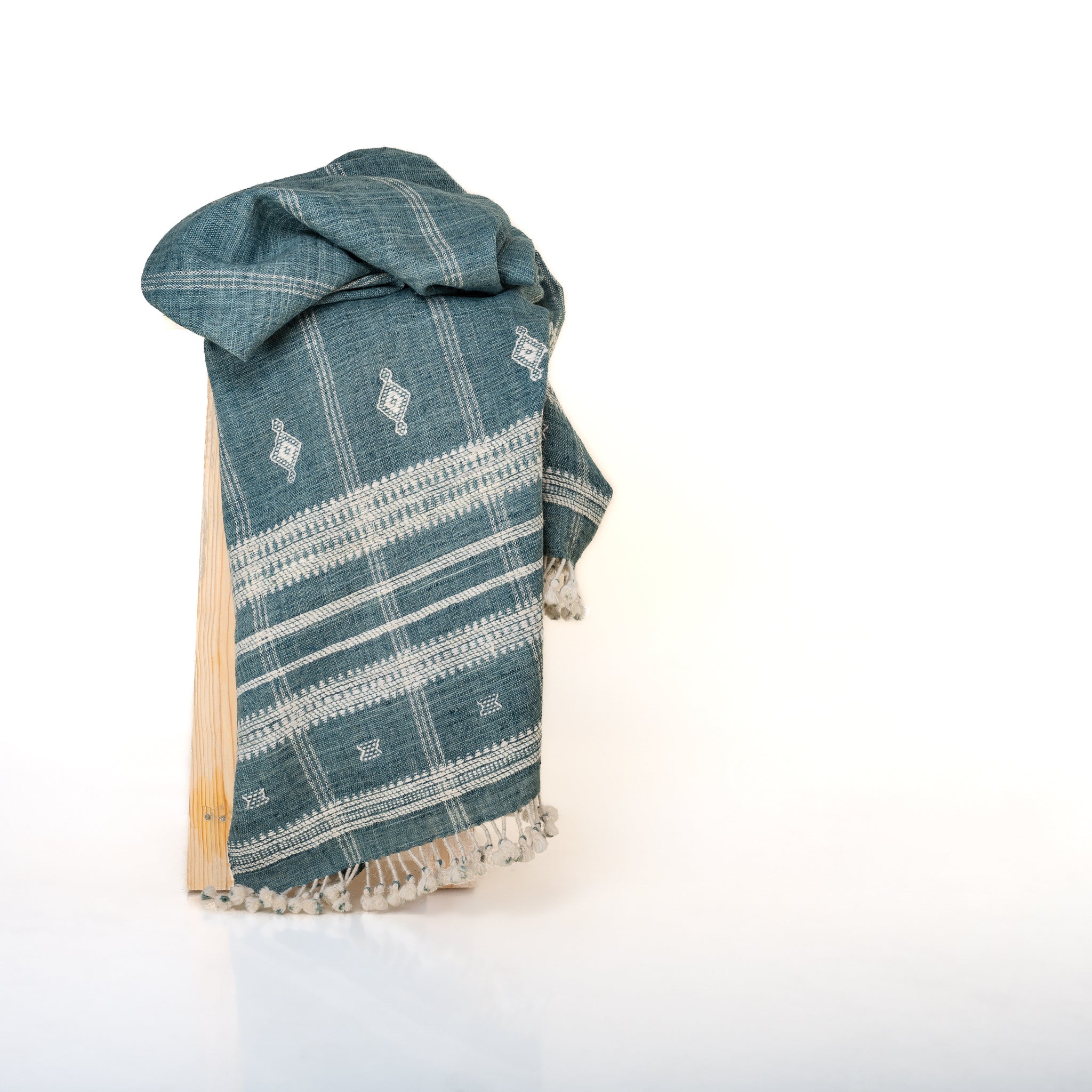 Teal Blue Indian Wool Throw Blanket, Handwoven Couch Coverlet with Geometric Bedroom Layer - TOPAS