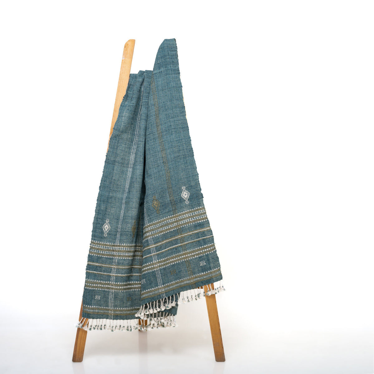 Teal Blue Indian Wool Throw Blanket, Handwoven Sofa Coverlet with Boho Reading Chair Accent - LAPIS