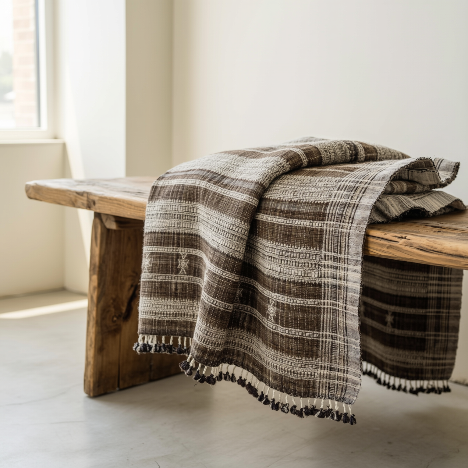 Brown Indian Wool Throw Blanket, Handwoven Couch Coverlet with Rustic Reading Chair Accent - SPHENE