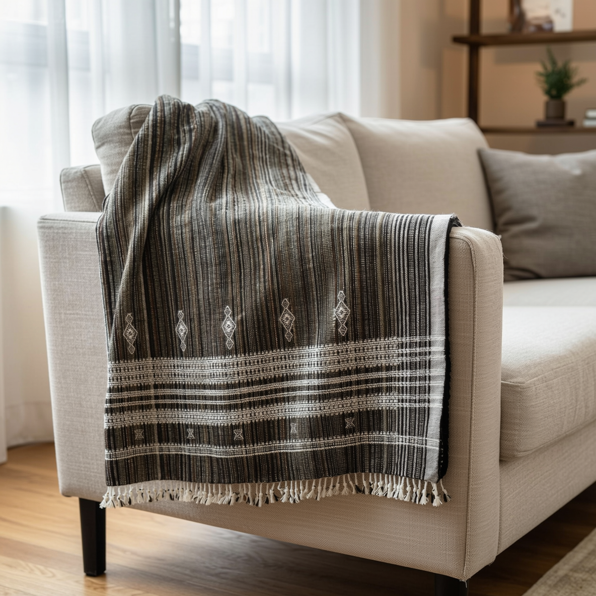 Brown Indian Wool Throw Blanket, Handwoven Sofa Coverlet with Lodge Reading Chair Layer - SPINEL