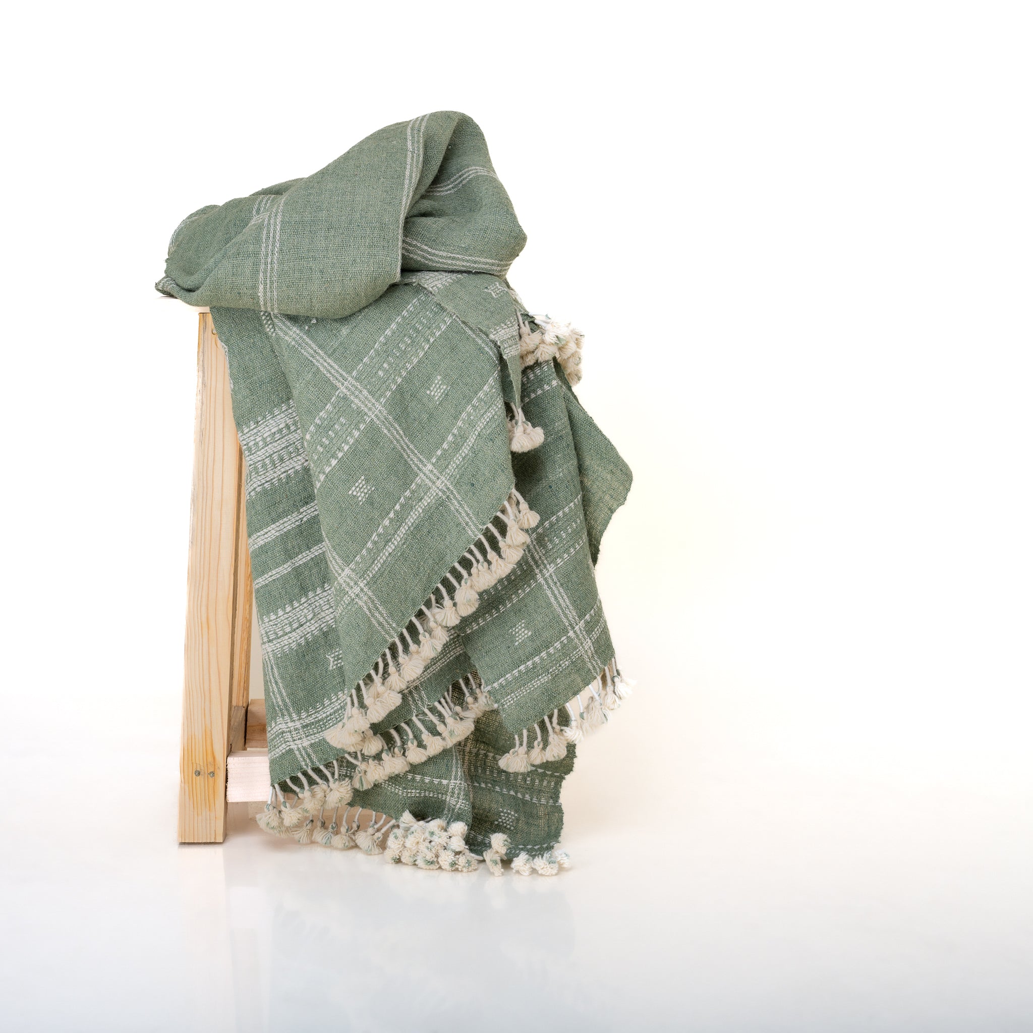 Soft Green Indian Wool Throw Blanket, Handwoven Couch Coverlet with Minimalist Bed Accent - EMRALD