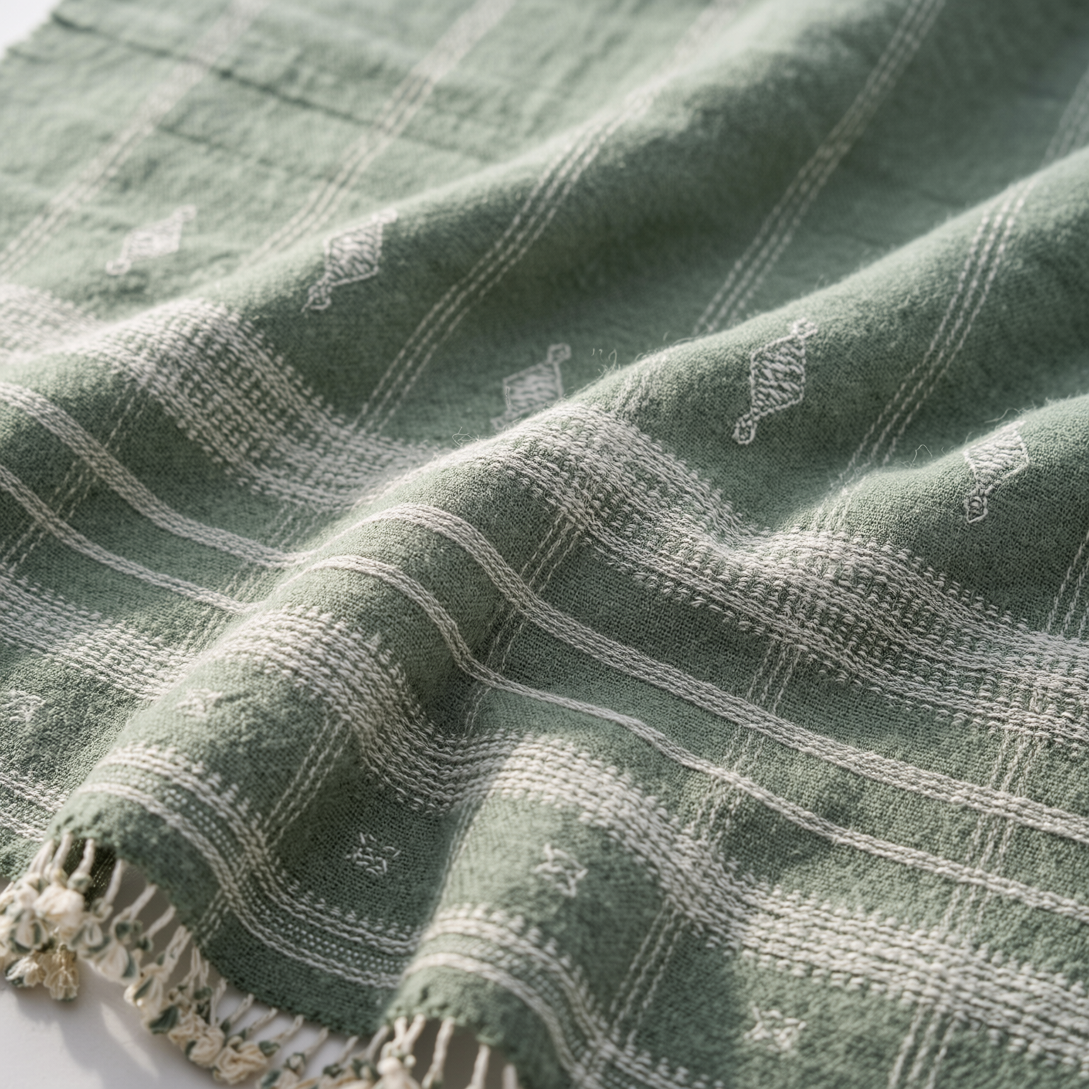 Soft Green Indian Wool Throw Blanket, Handwoven Couch Coverlet with Minimalist Bed Accent - EMRALD