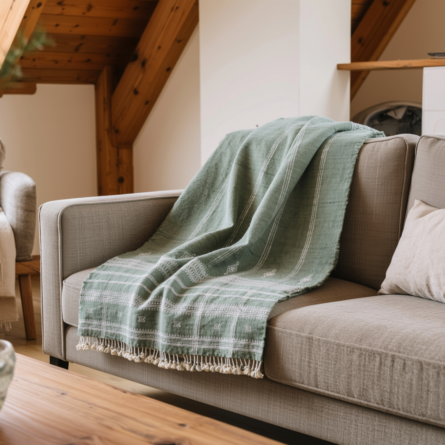 Soft Green Indian Wool Throw Blanket, Handwoven Couch Coverlet with Minimalist Bed Accent - EMRALD