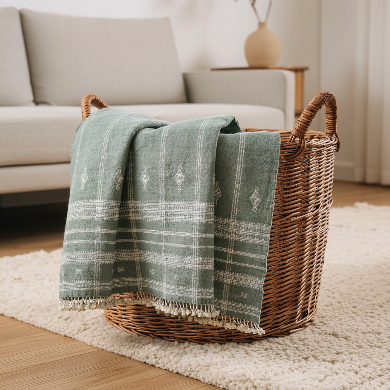 Soft Green Indian Wool Throw Blanket, Handwoven Couch Coverlet with Minimalist Bed Accent - EMRALD