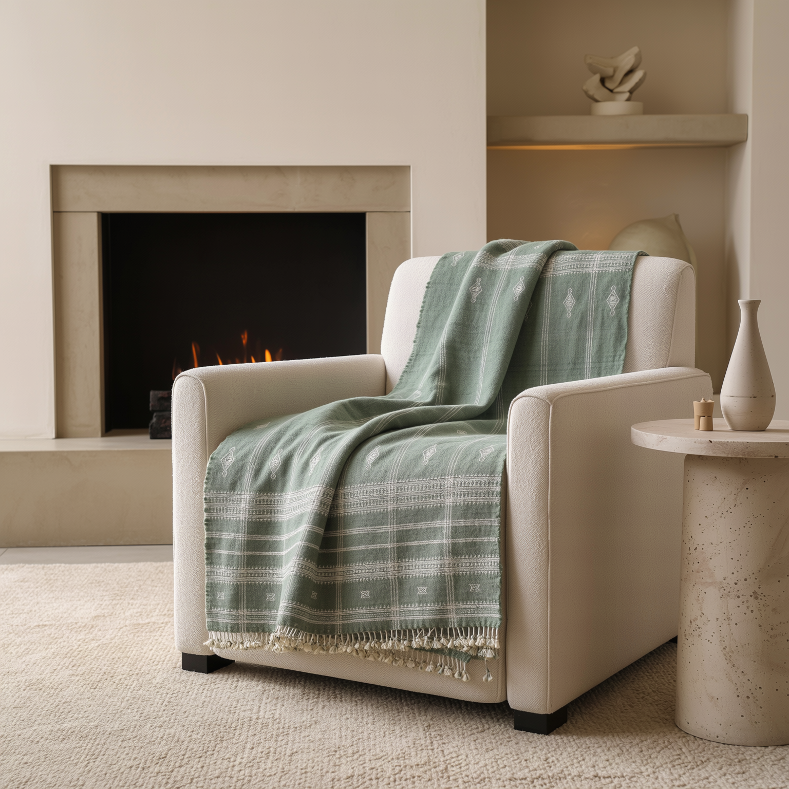 Soft Green Indian Wool Throw Blanket, Handwoven Couch Coverlet with Minimalist Bed Accent - EMRALD
