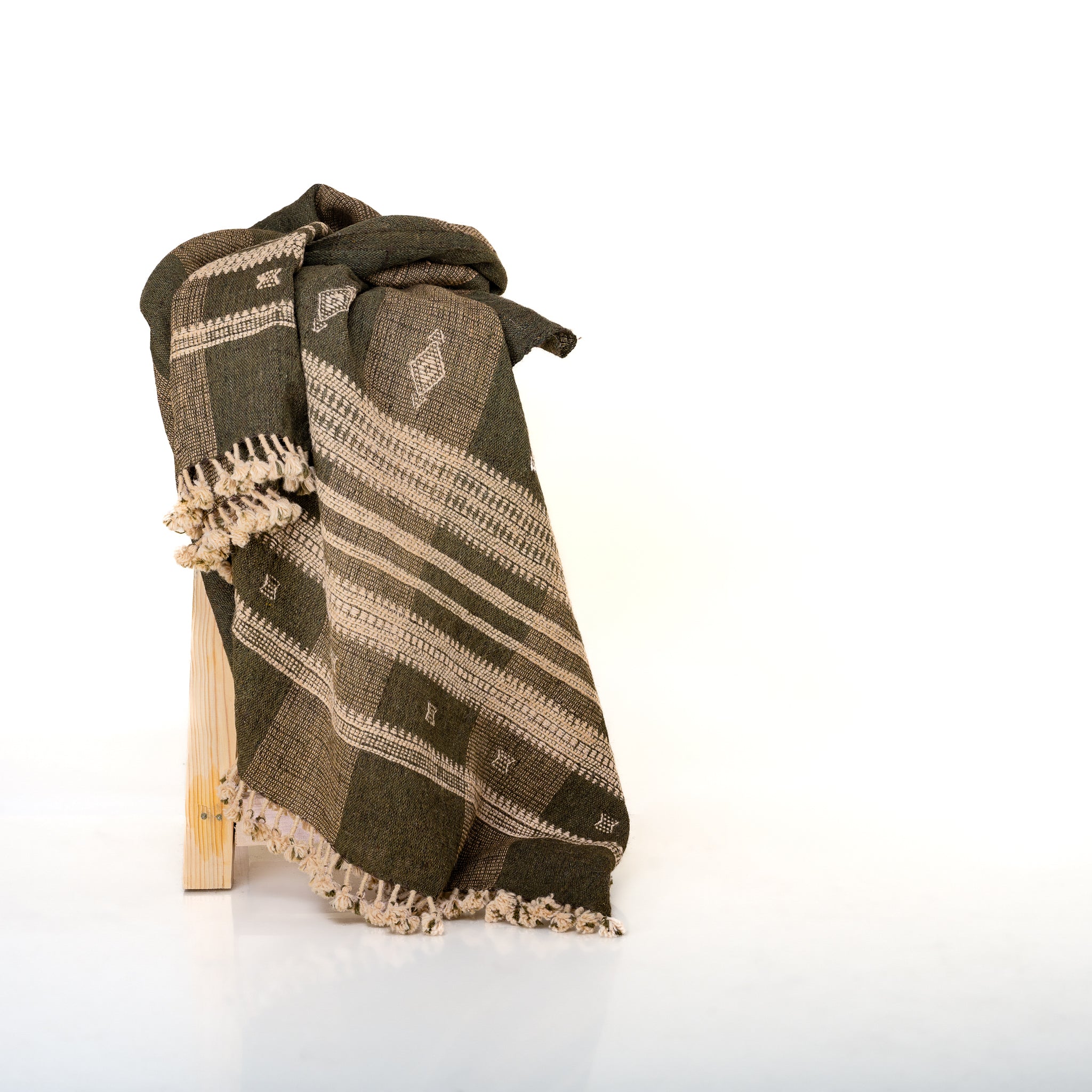 Olive Brown Indian Wool Throw Blanket, Handwoven Sofa Coverlet with Organic Bedroom Accent - ZARAA