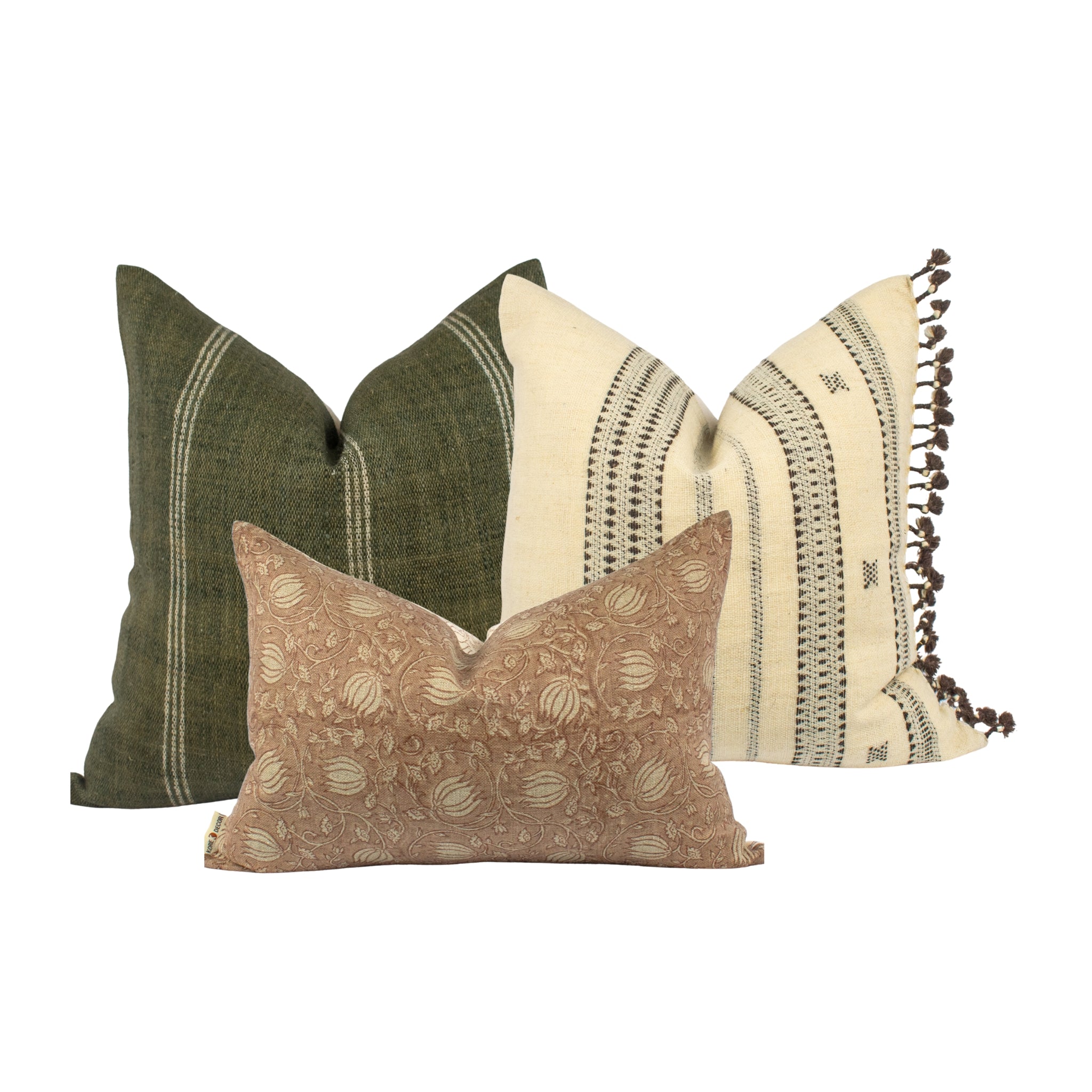 Neutral Beige with Charcoal Stripes & Tassels in Handmade Indian Wool Pillow Cover : VAJRA MAYA