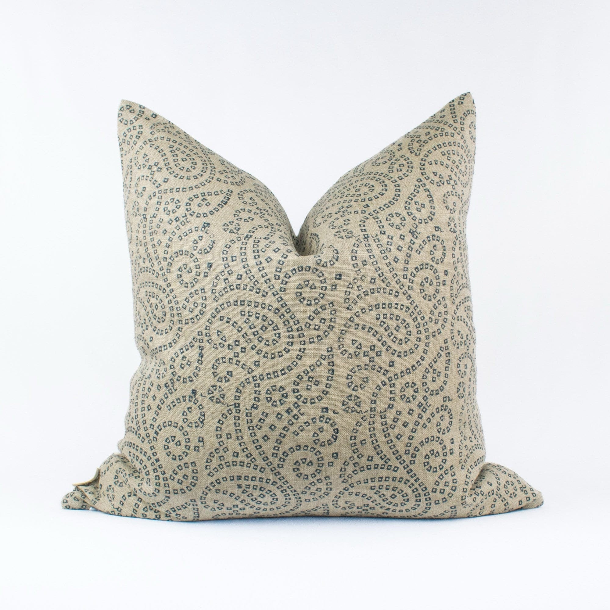 Indian Cushion Cover, Linen With Cotton Backing, Floral Blockprint, Handcrafted Lumbar Accent For Chair Or Sofa Or Couch - TULJA TEAL BL