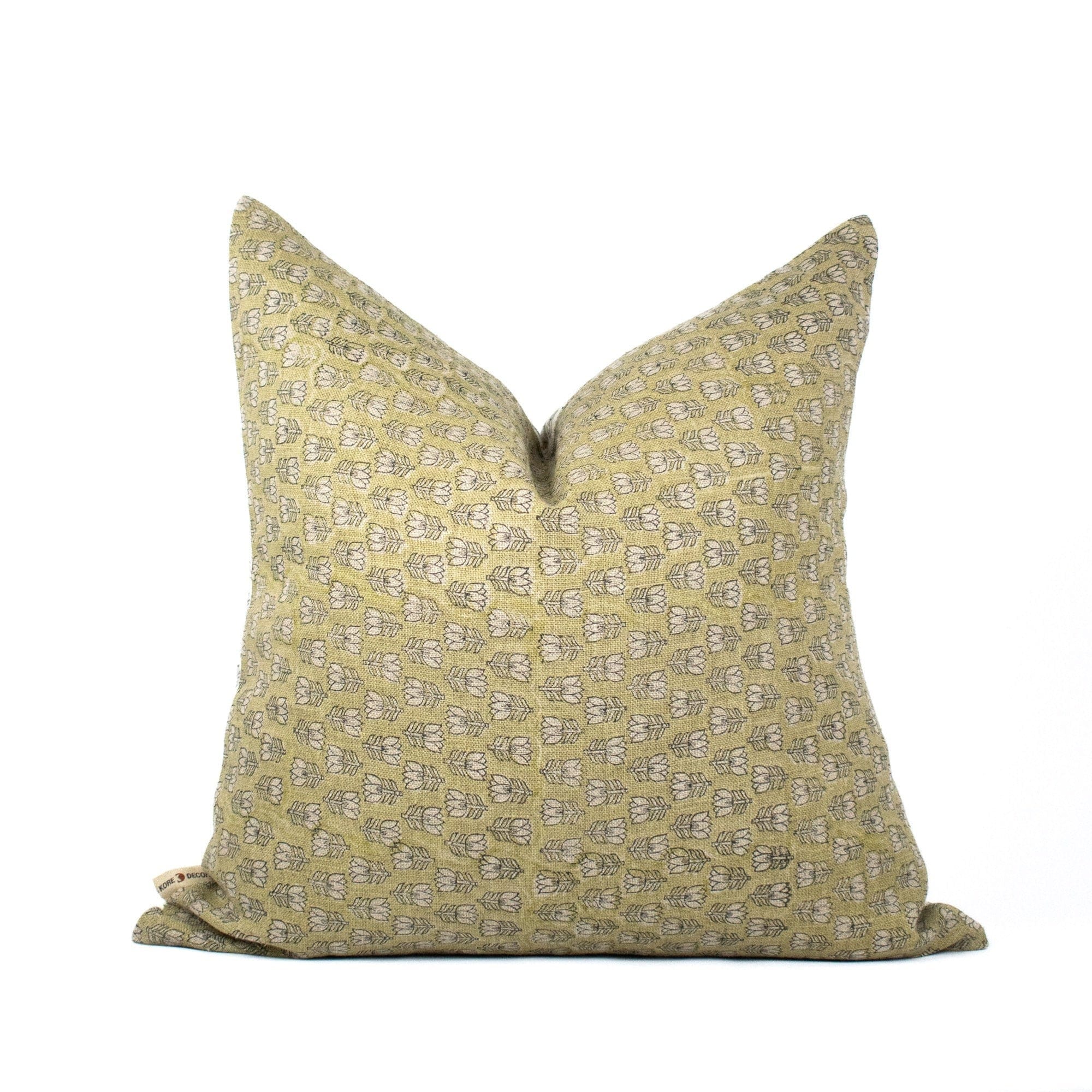 Hand Block Print Lumbar Cushion, Linen Front Cotton Back, Indian Floral Design, Neutral Accent Pillow For Chair Or Sofa Or Bed - TARA MINT