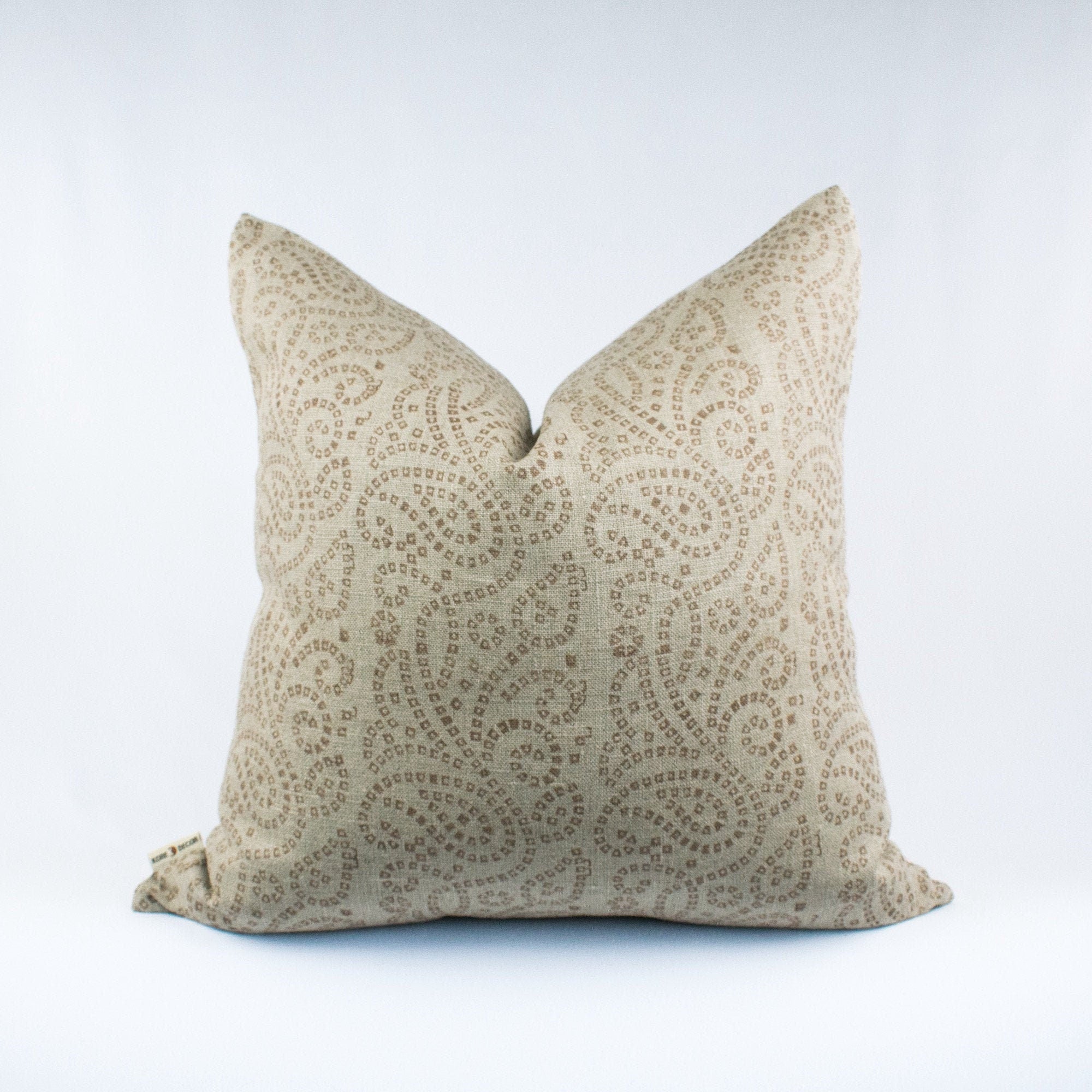Indian Throw Pillows, Floral Linen-Backed Cushion, Blockprinted In Earthy Tones, Handmade Home Decor For New House - TULJA STUCCO BL