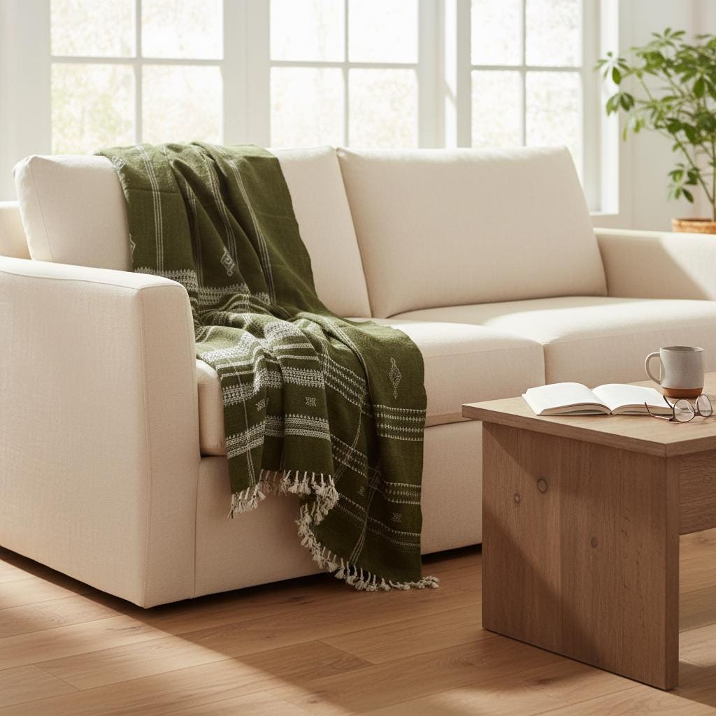 Olive Green Indian Wool Throw Blanket, Handwoven Couch Coverlet with Foot-of-Bed Layer - OLIVER