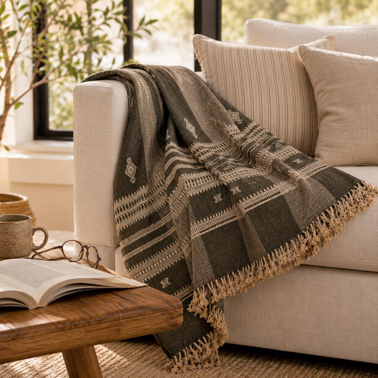 Olive Brown Indian Wool Throw Blanket, Handwoven Sofa Coverlet & Boho Bed Runner - ZARA