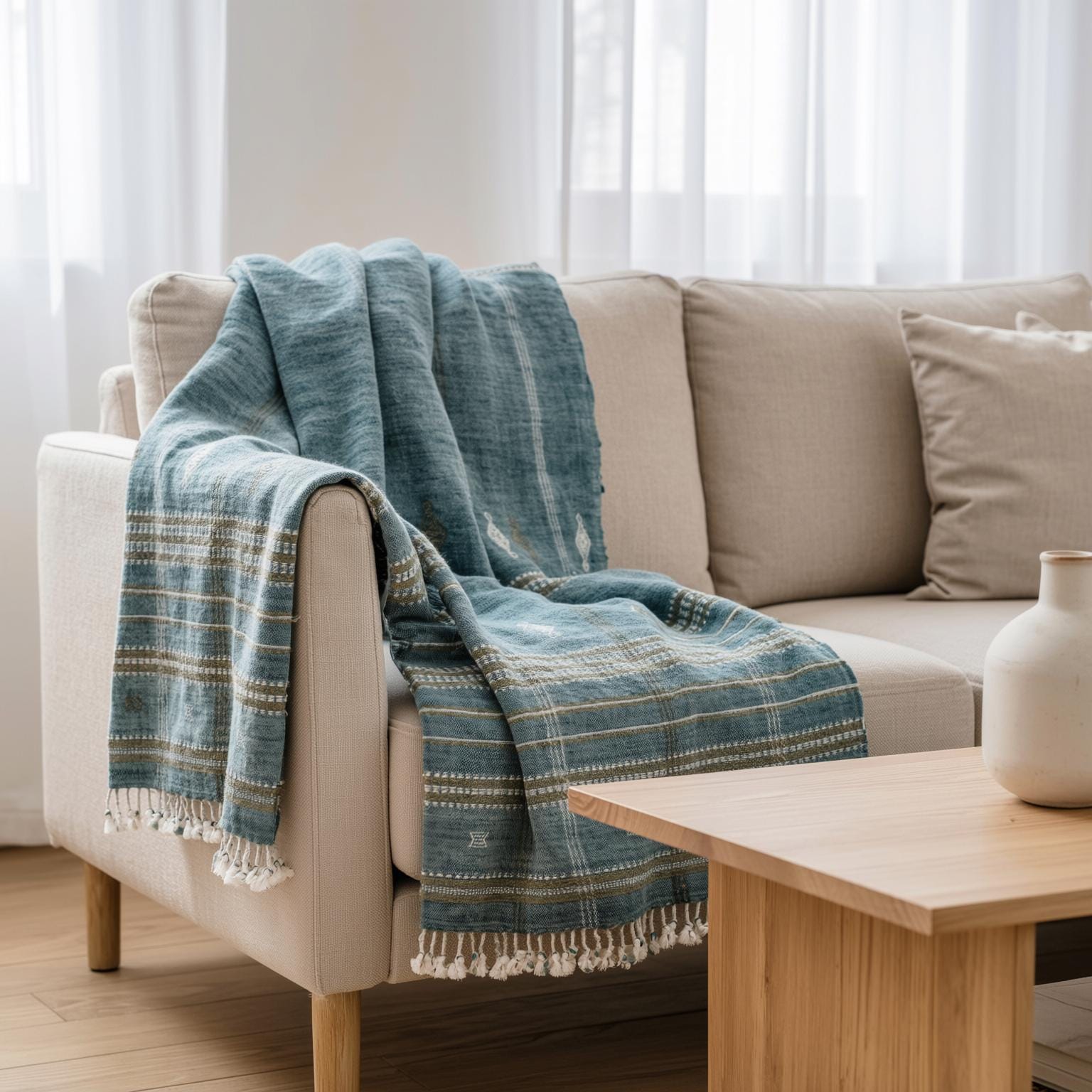 Teal Blue Wool Throw Blanket, Handmade Indian Coverlet for Sofa, Couch, Bed Runner & Boho Home Decor - LAPIS