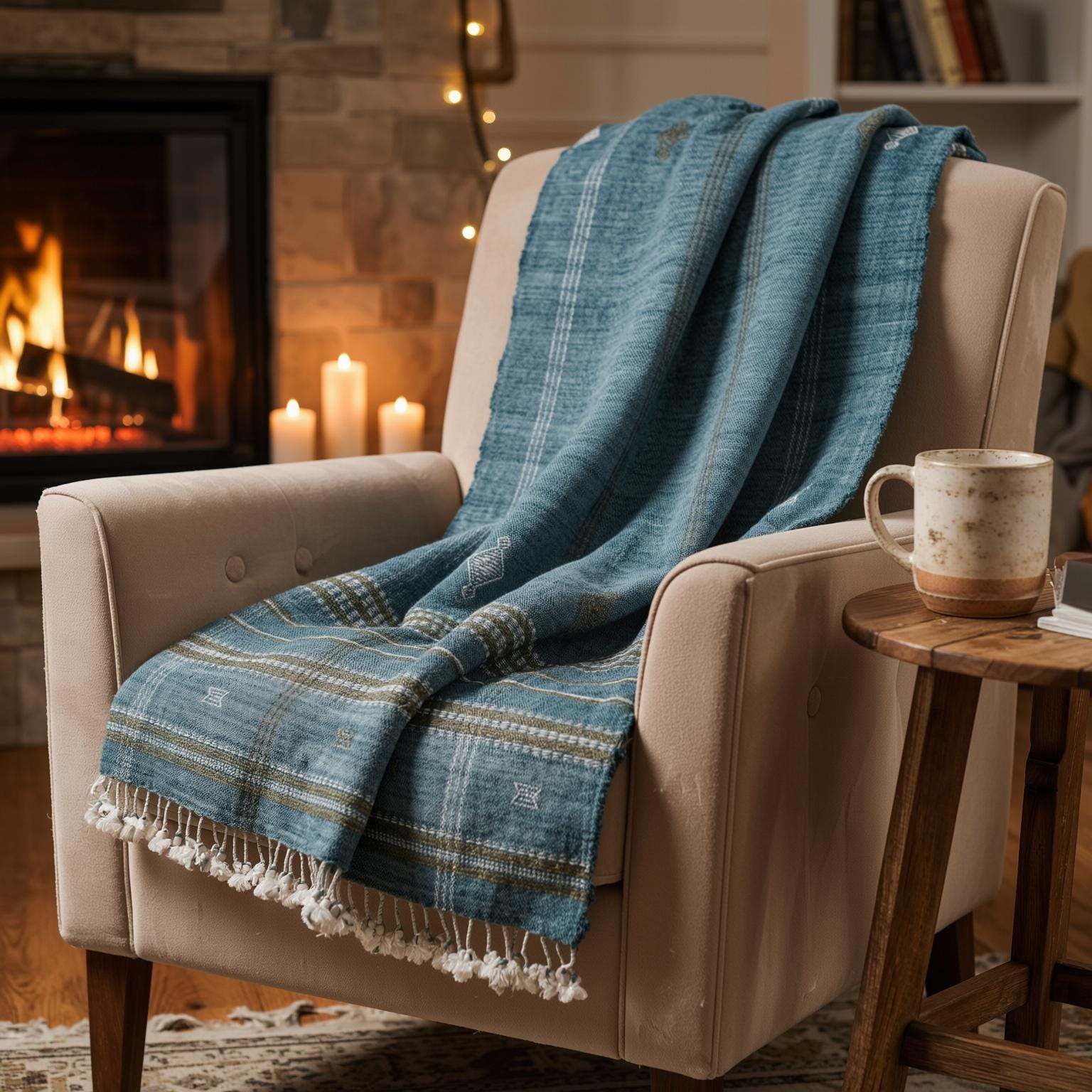 Teal Blue Wool Throw Blanket, Handmade Indian Coverlet for Sofa, Couch, Bed Runner & Boho Home Decor - LAPIS