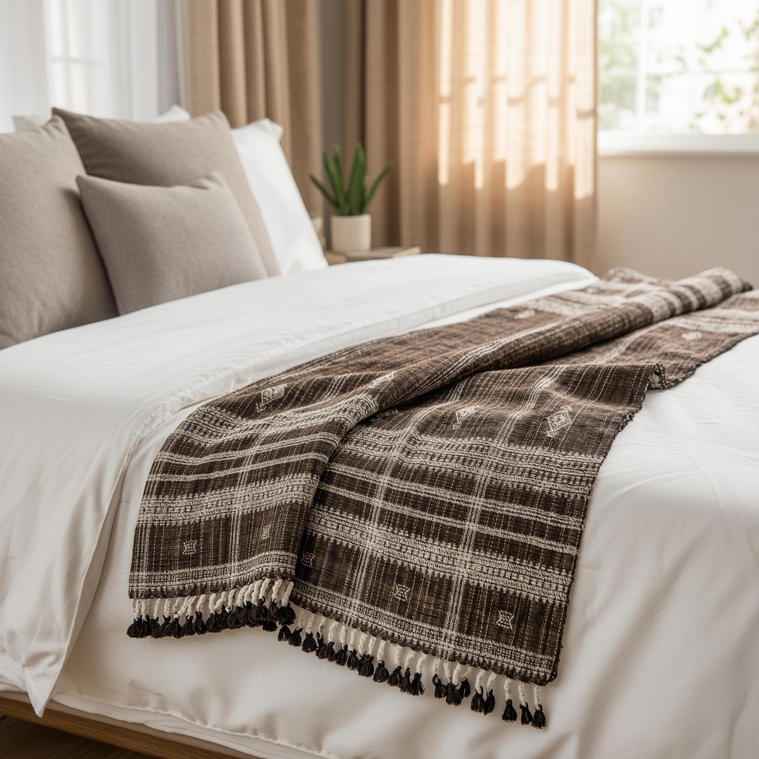 Warm Brown Indian Wool Throw Blanket, Handwoven Sofa Coverlet with Lodge Bedroom Layer - BRONZITE
