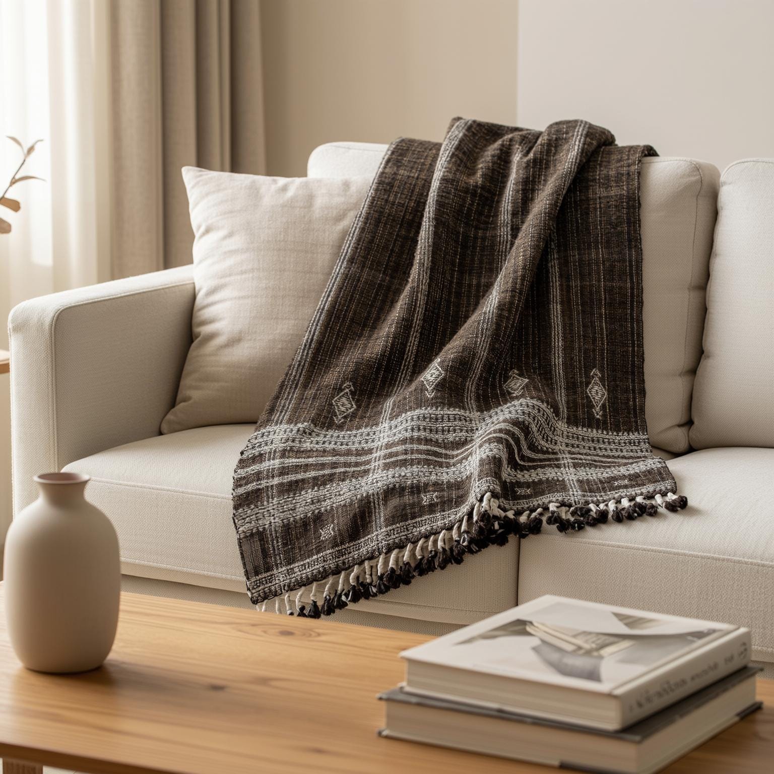Warm Brown Indian Wool Throw Blanket, Handwoven Sofa Coverlet & Cozy Bedspread - BRONZITE