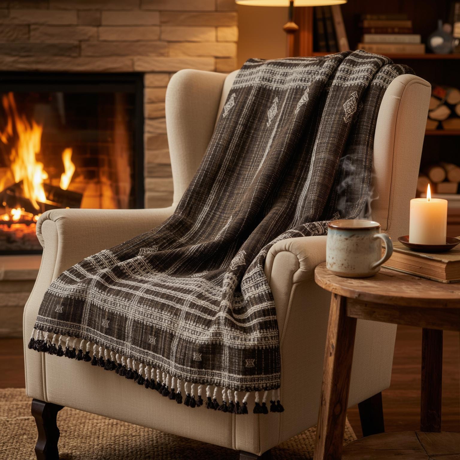 Warm Brown Indian Wool Throw Blanket, Handwoven Sofa Coverlet with Lodge Bedroom Layer - BRONZITE