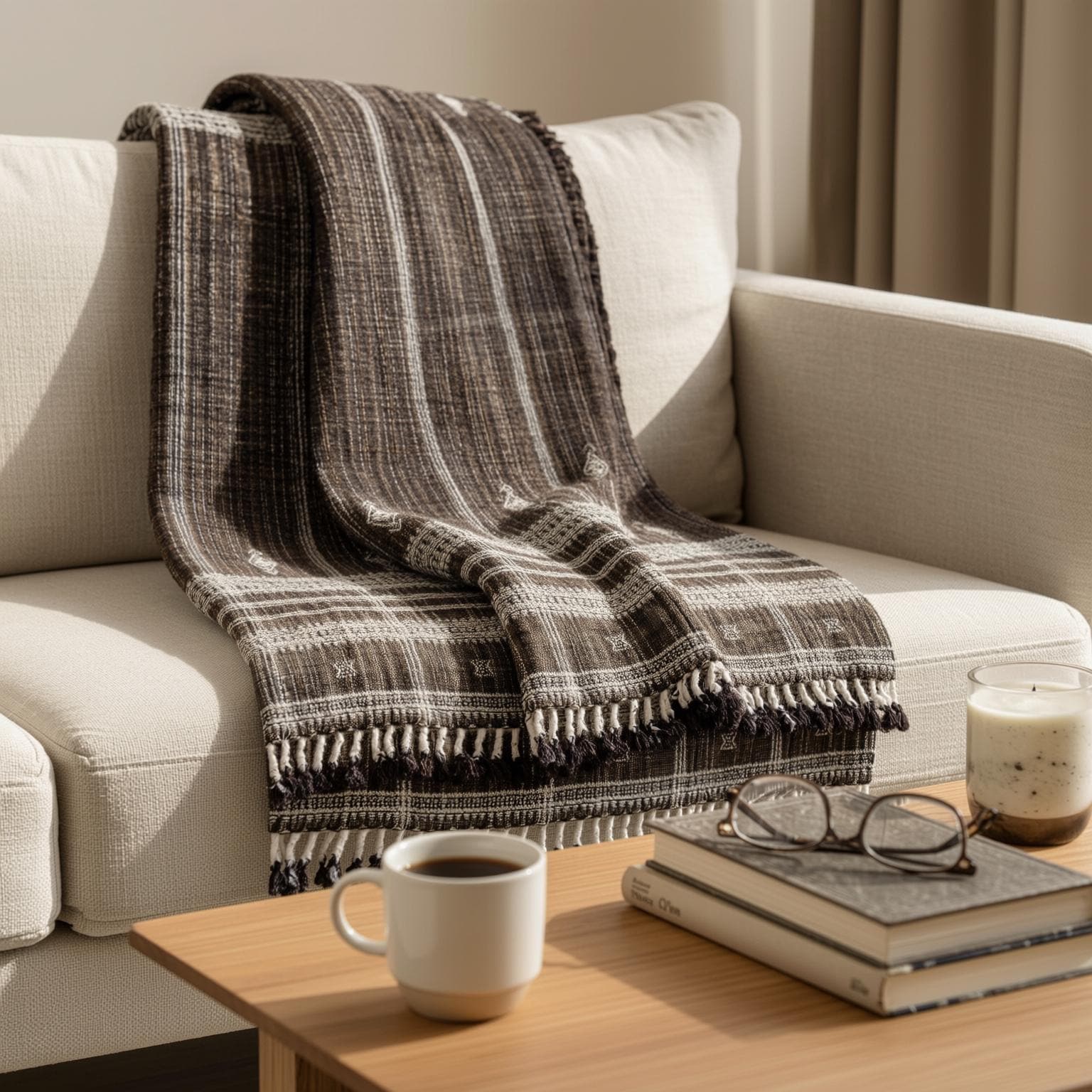 Warm Brown Indian Wool Throw Blanket, Handwoven Sofa Coverlet with Lodge Bedroom Layer - BRONZITE