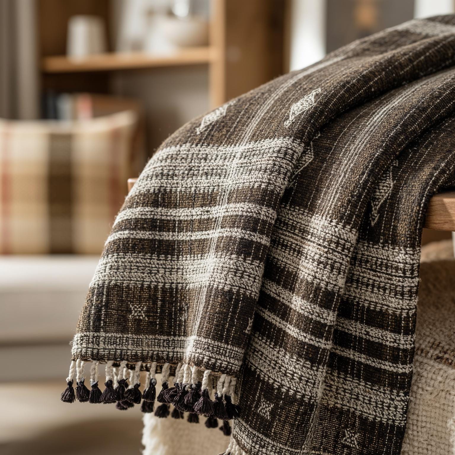 Warm Brown Indian Wool Throw Blanket, Handwoven Sofa Coverlet with Lodge Bedroom Layer - BRONZITE