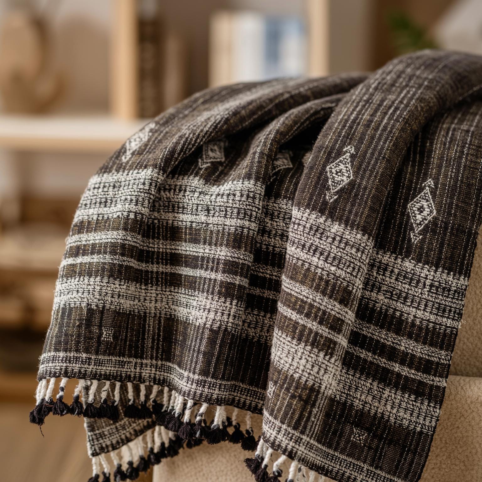 Warm Brown Indian Wool Throw Blanket, Handwoven Sofa Coverlet with Lodge Bedroom Layer - BRONZITE