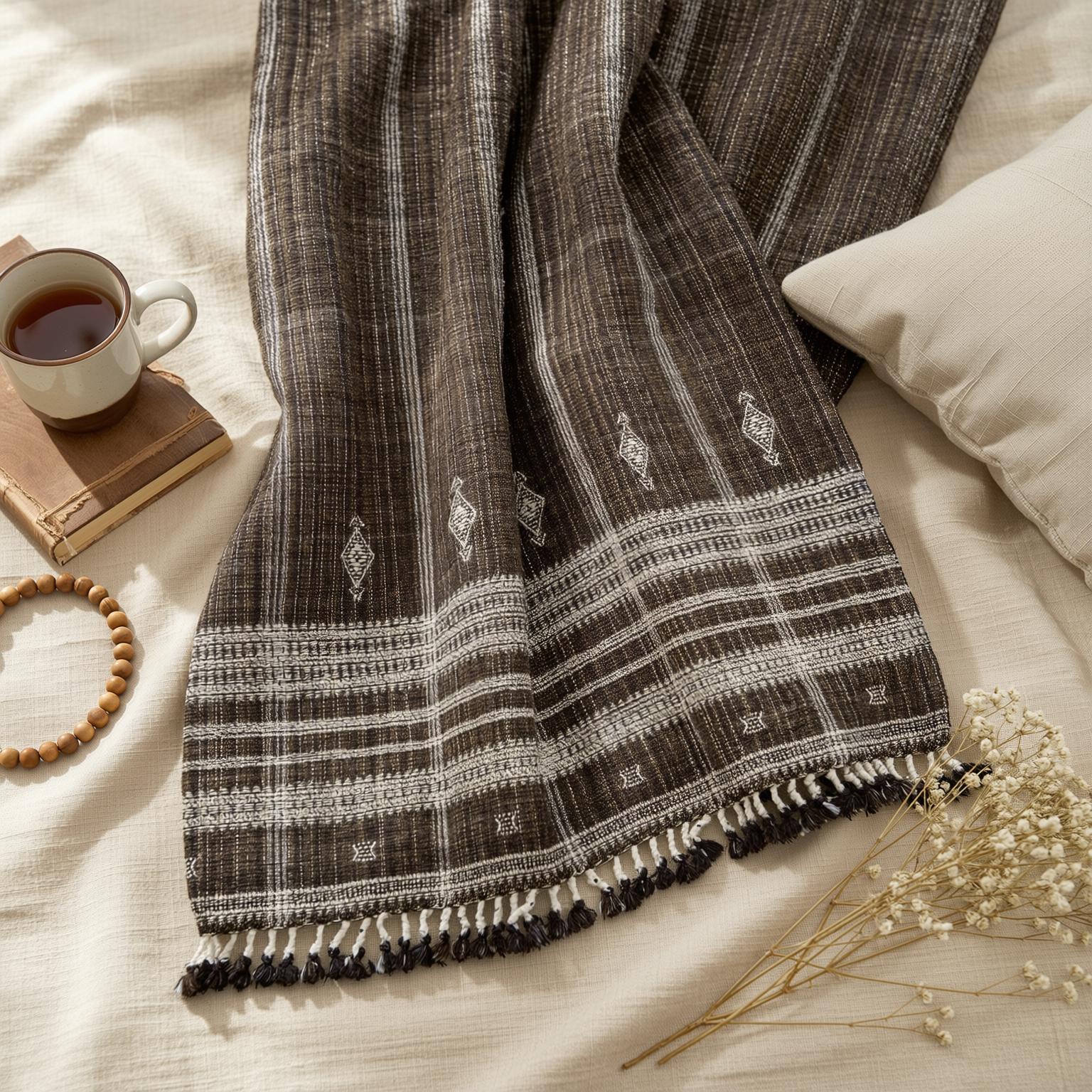 Warm Brown Indian Wool Throw Blanket, Handwoven Sofa Coverlet & Cozy Bedspread - BRONZITE