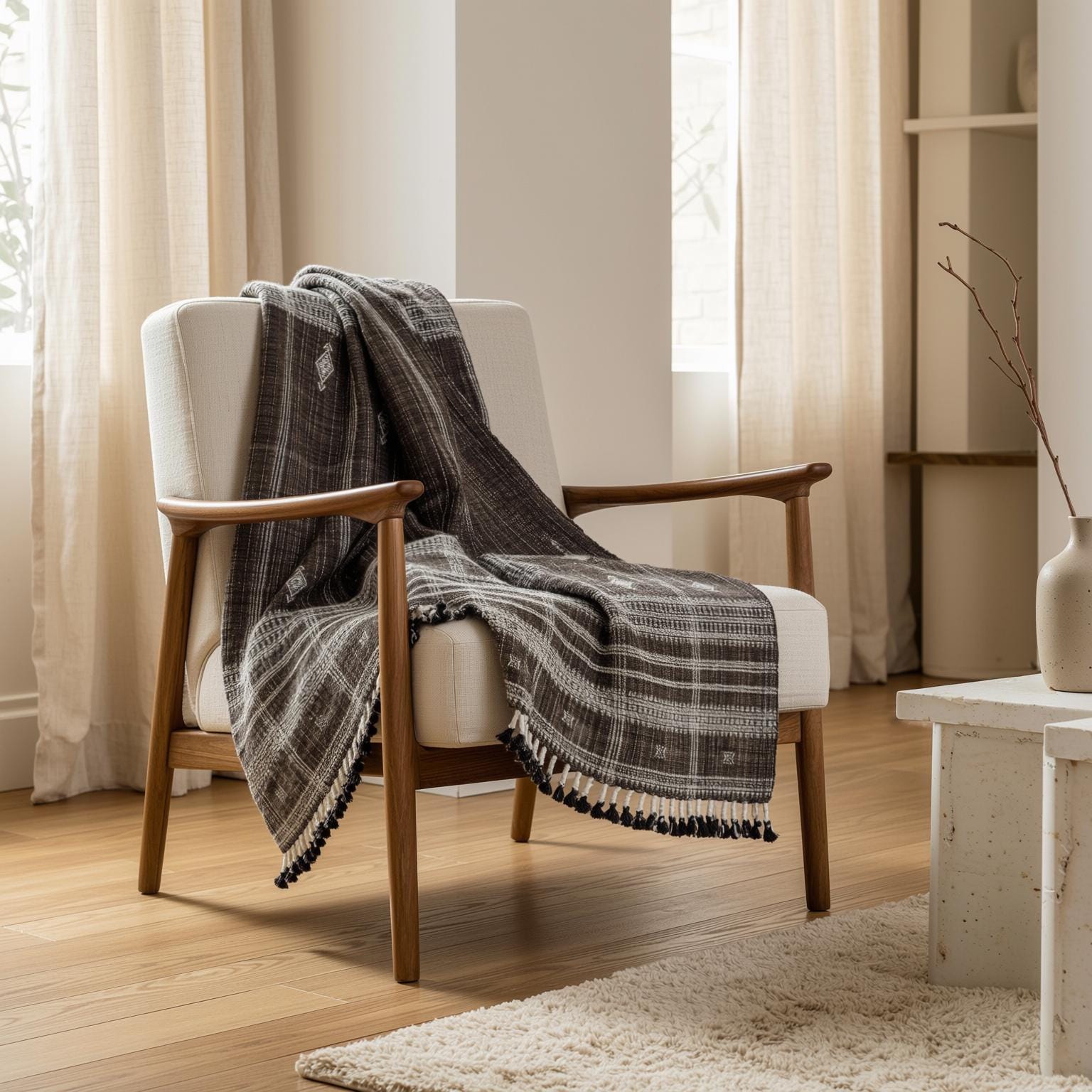 Warm Brown Indian Wool Throw Blanket, Handwoven Sofa Coverlet with Lodge Bedroom Layer - BRONZITE