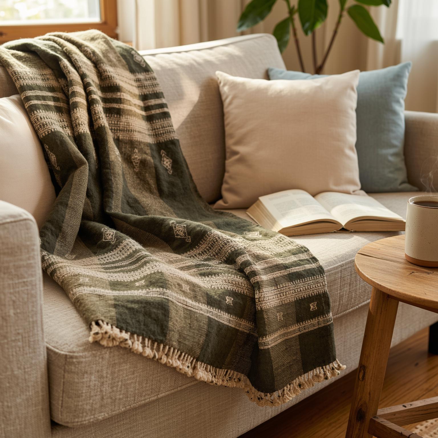 Olive Brown Indian Wool Throw Blanket, Handwoven Sofa Coverlet & Boho Bed Runner - ZARA