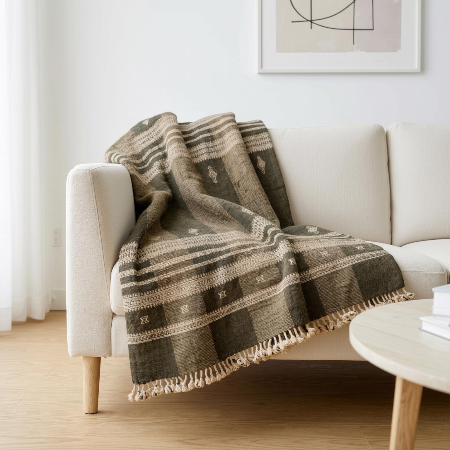 Olive Brown Indian Wool Throw Blanket, Handwoven Sofa Coverlet & Boho Bed Runner - ZARA