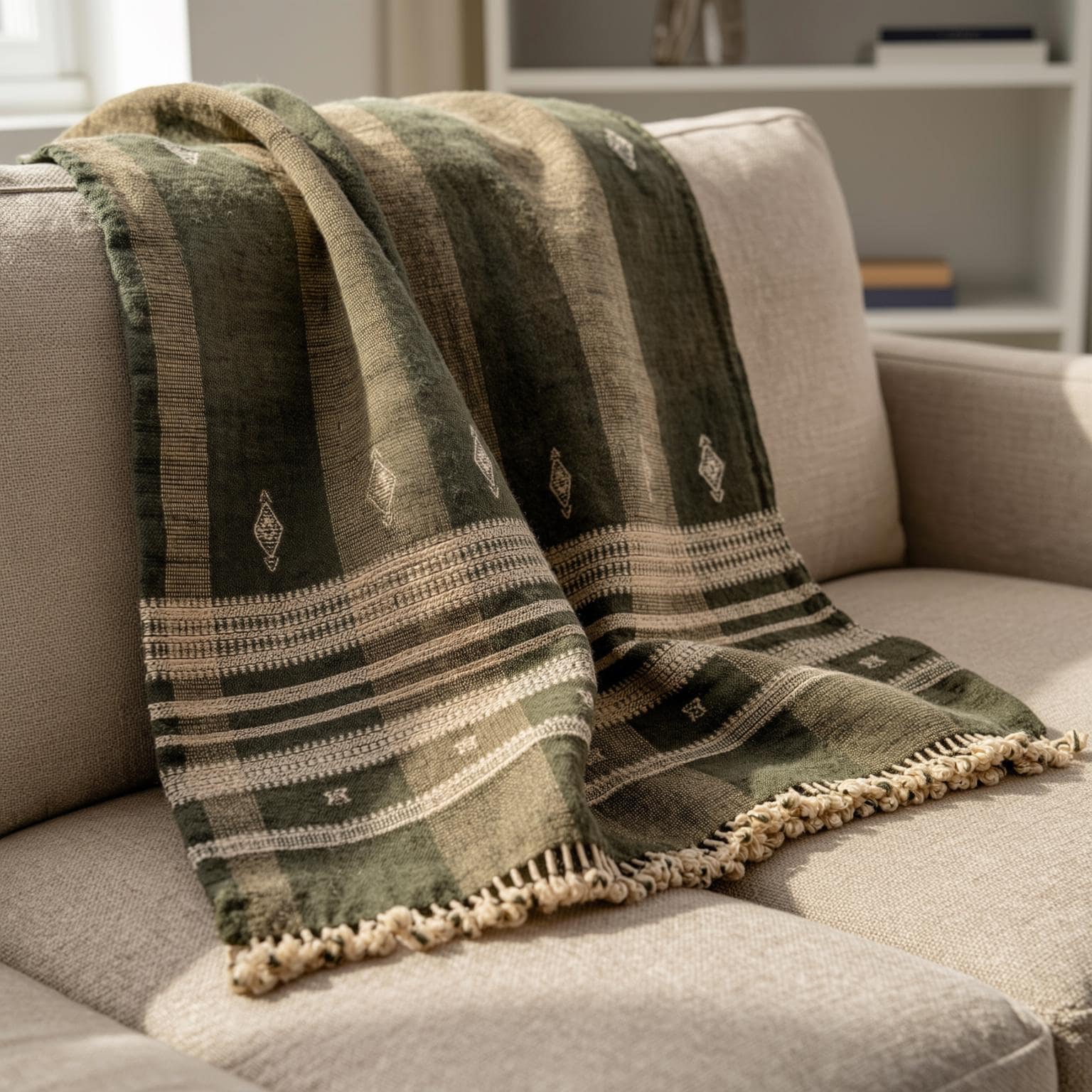 Olive Brown Indian Wool Throw Blanket, Handwoven Sofa Coverlet & Boho Bed Runner - ZARA
