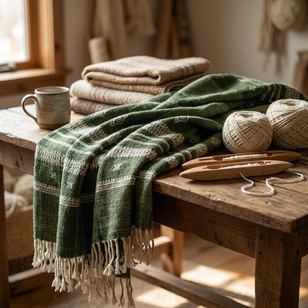 Forest Green Indian Wool Throw Blanket, Handwoven Sofa Coverlet & Boho Bed Runner - ERICA