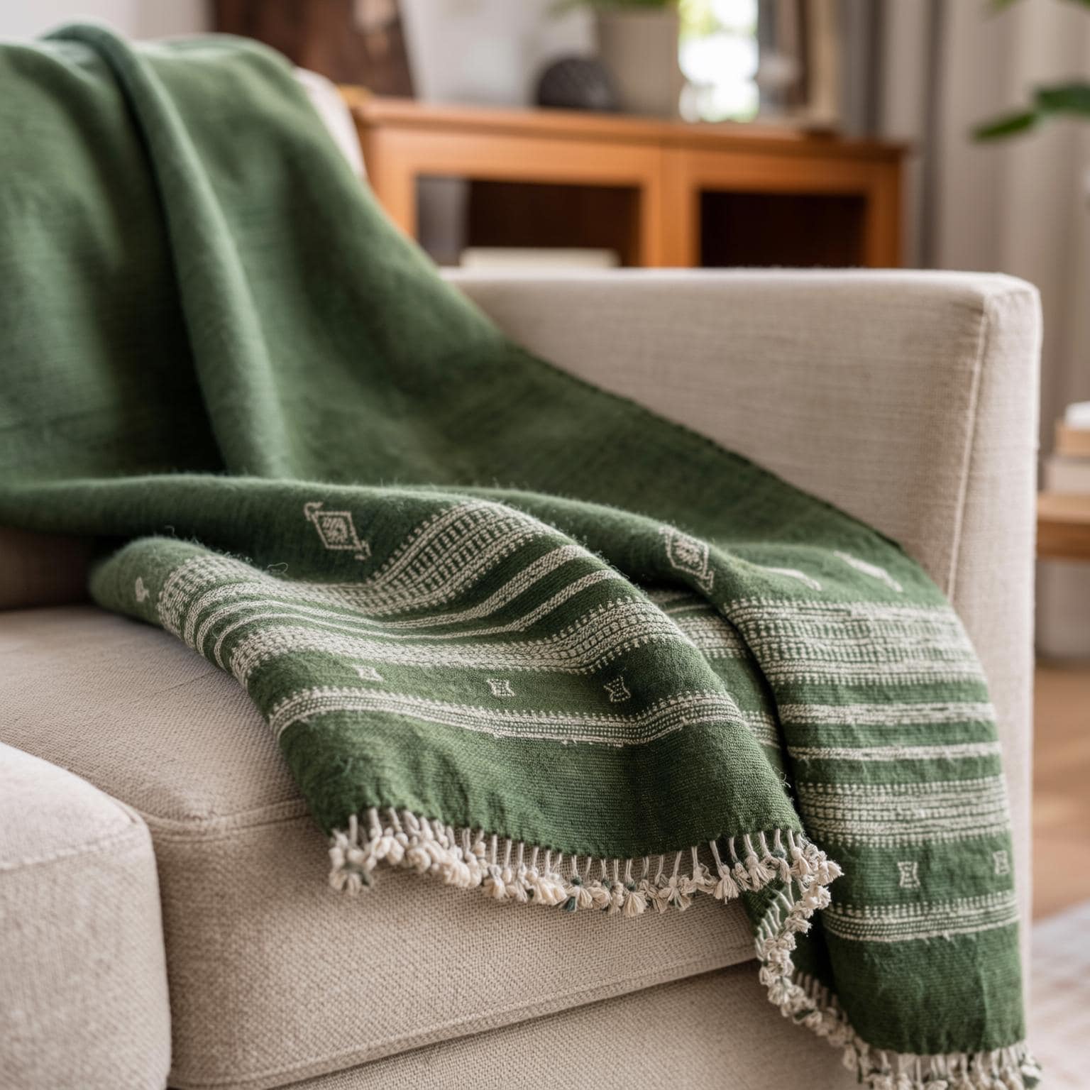 Forest Green Indian Wool Throw Blanket, Handwoven Sofa Coverlet & Boho Bed Runner - ERICA
