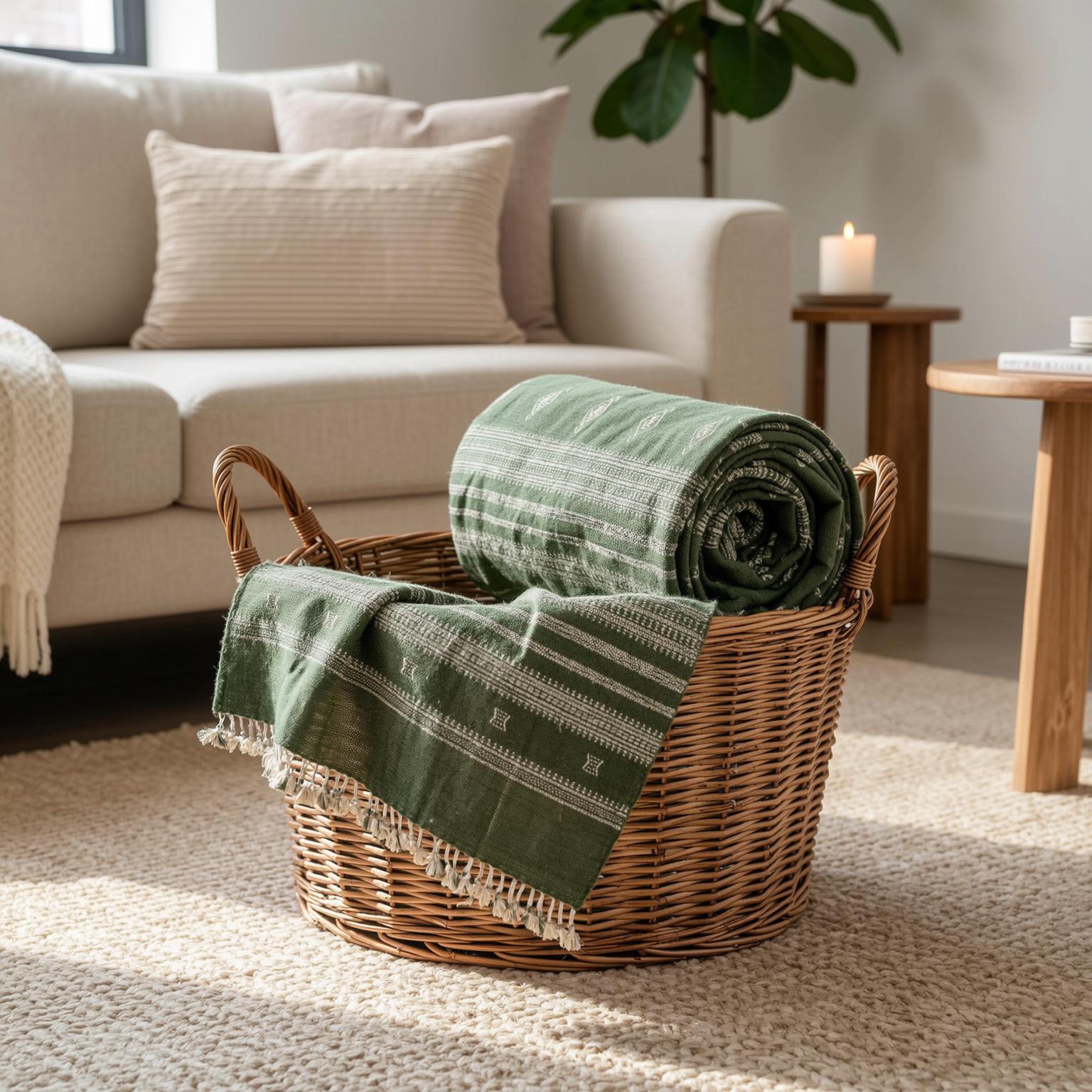 Forest Green Indian Wool Throw Blanket, Handwoven Sofa Coverlet & Boho Bed Runner - ERICA