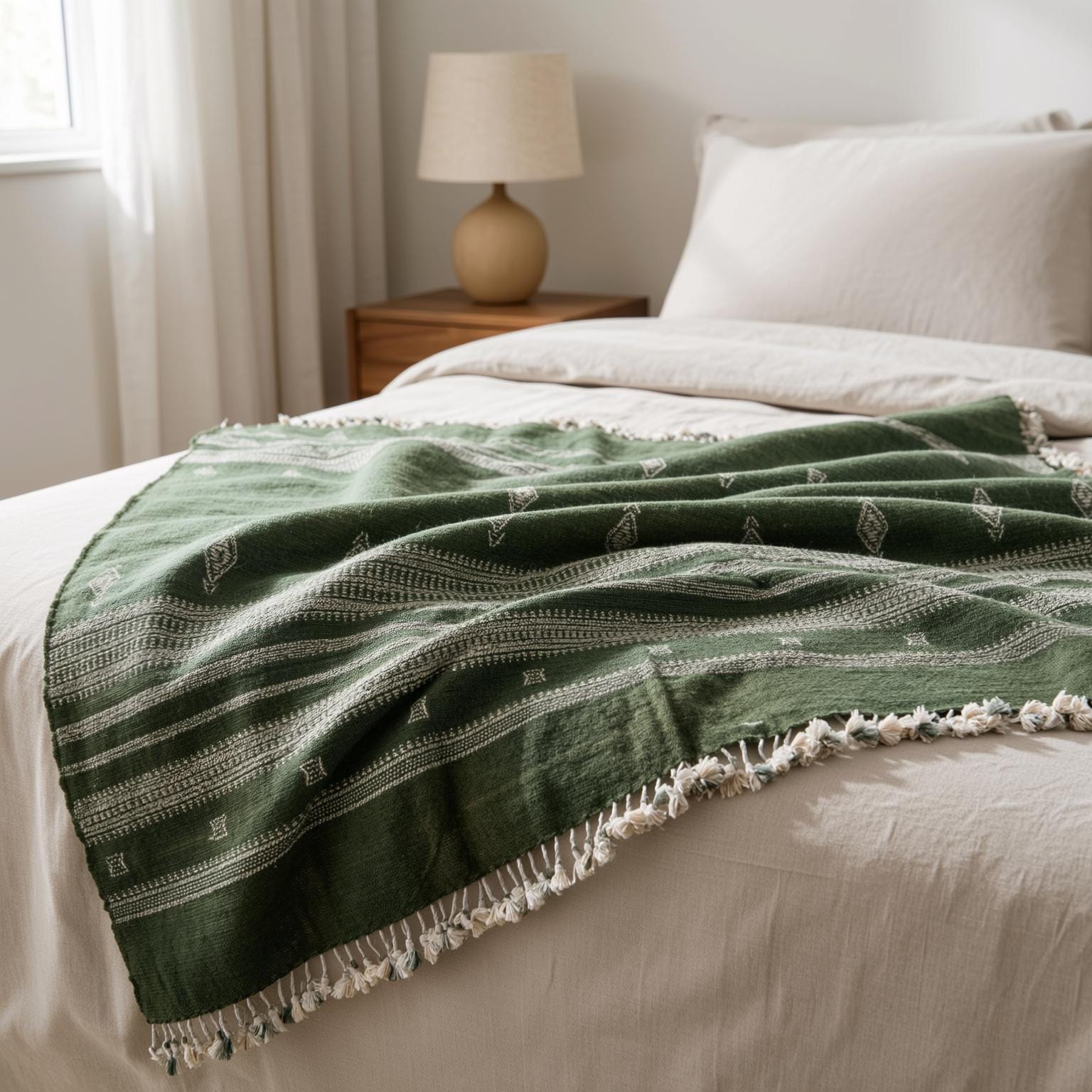 Forest Green Indian Wool Throw Blanket, Handwoven Sofa Coverlet & Boho Bed Runner - ERICA