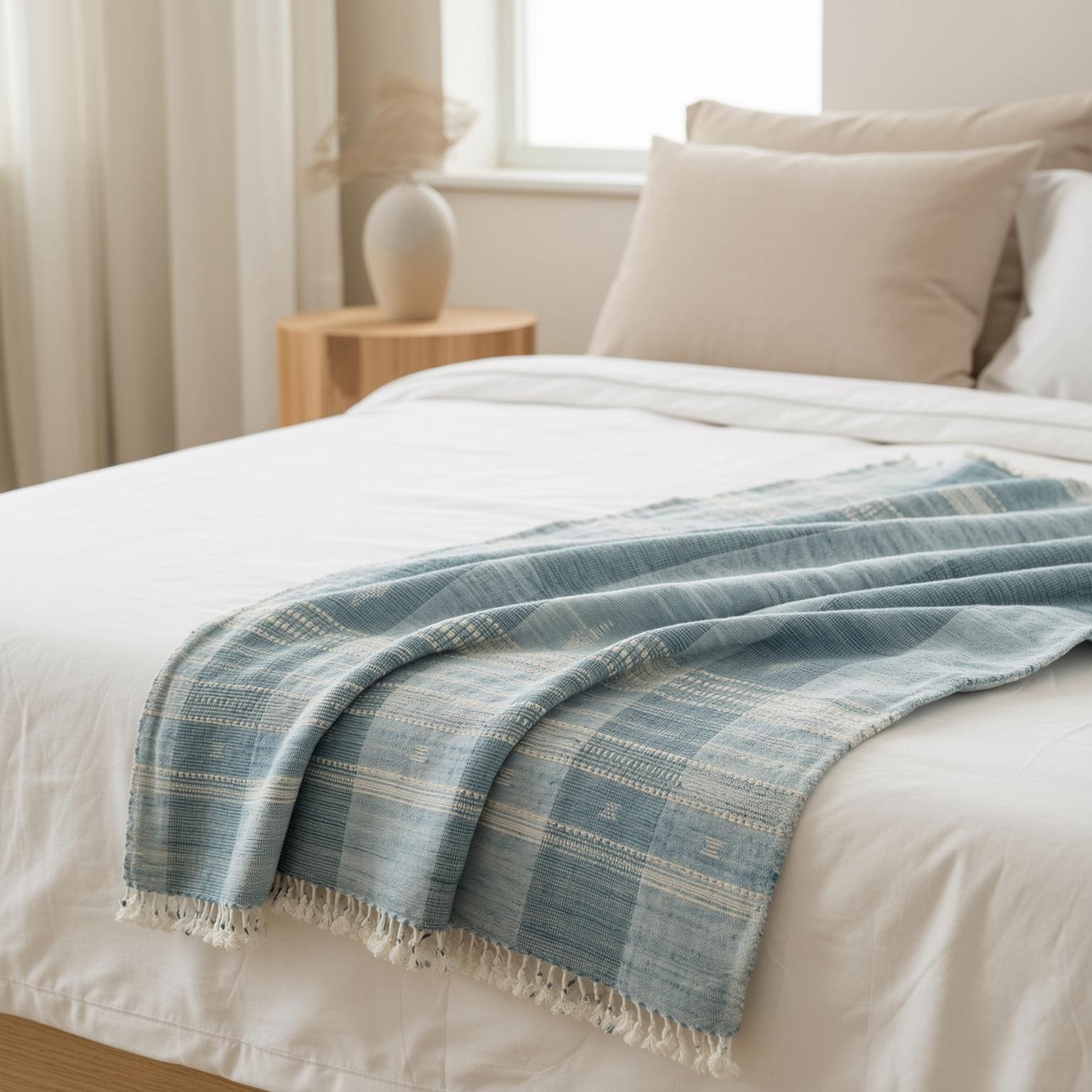 Teal Blue Indian Wool Throw Blanket, Handwoven Sofa Coverlet with Striped Foot-of-Bed Layer - IRIS