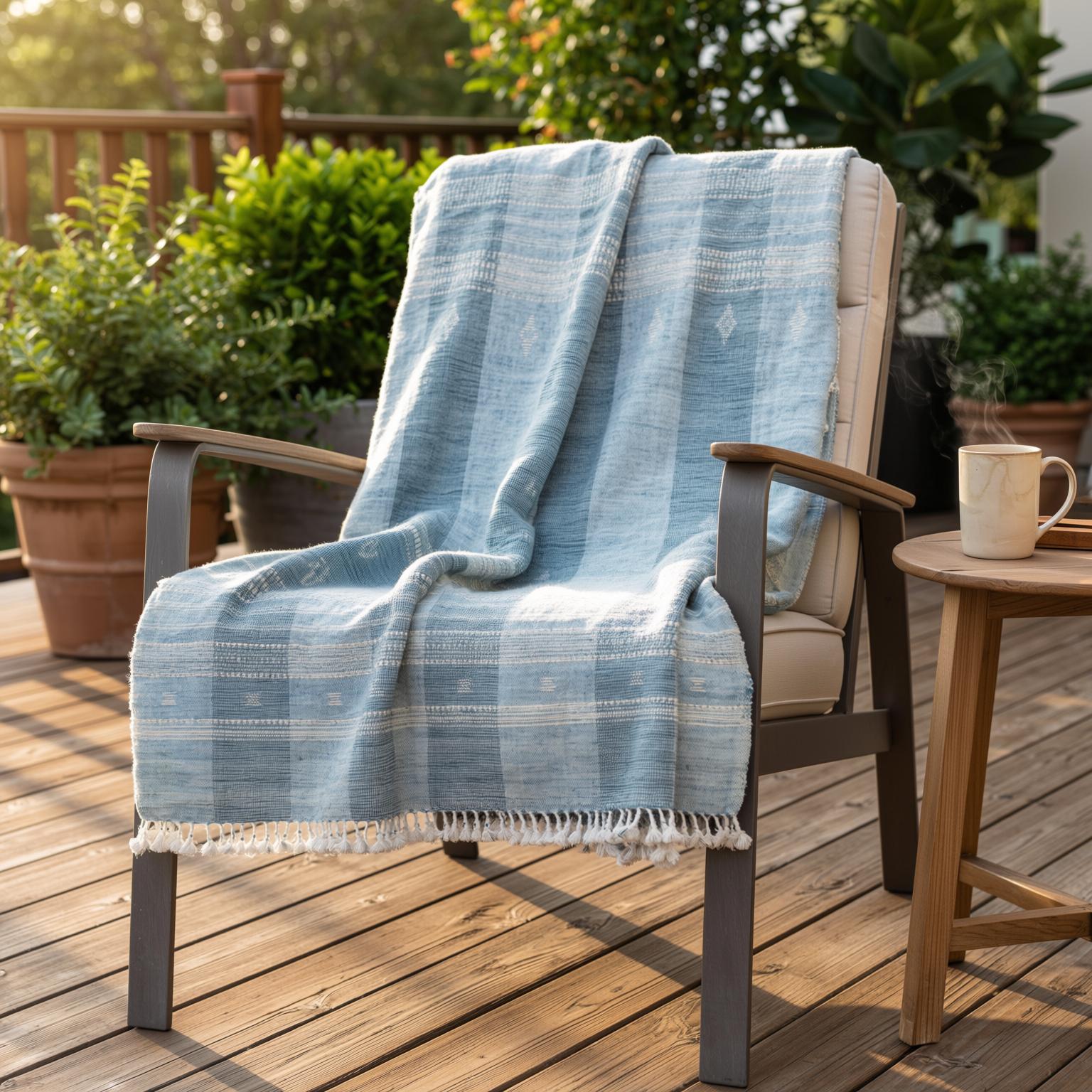 Teal Blue Indian Wool Throw Blanket, Handwoven Sofa Coverlet with Striped Foot-of-Bed Layer - IRIS