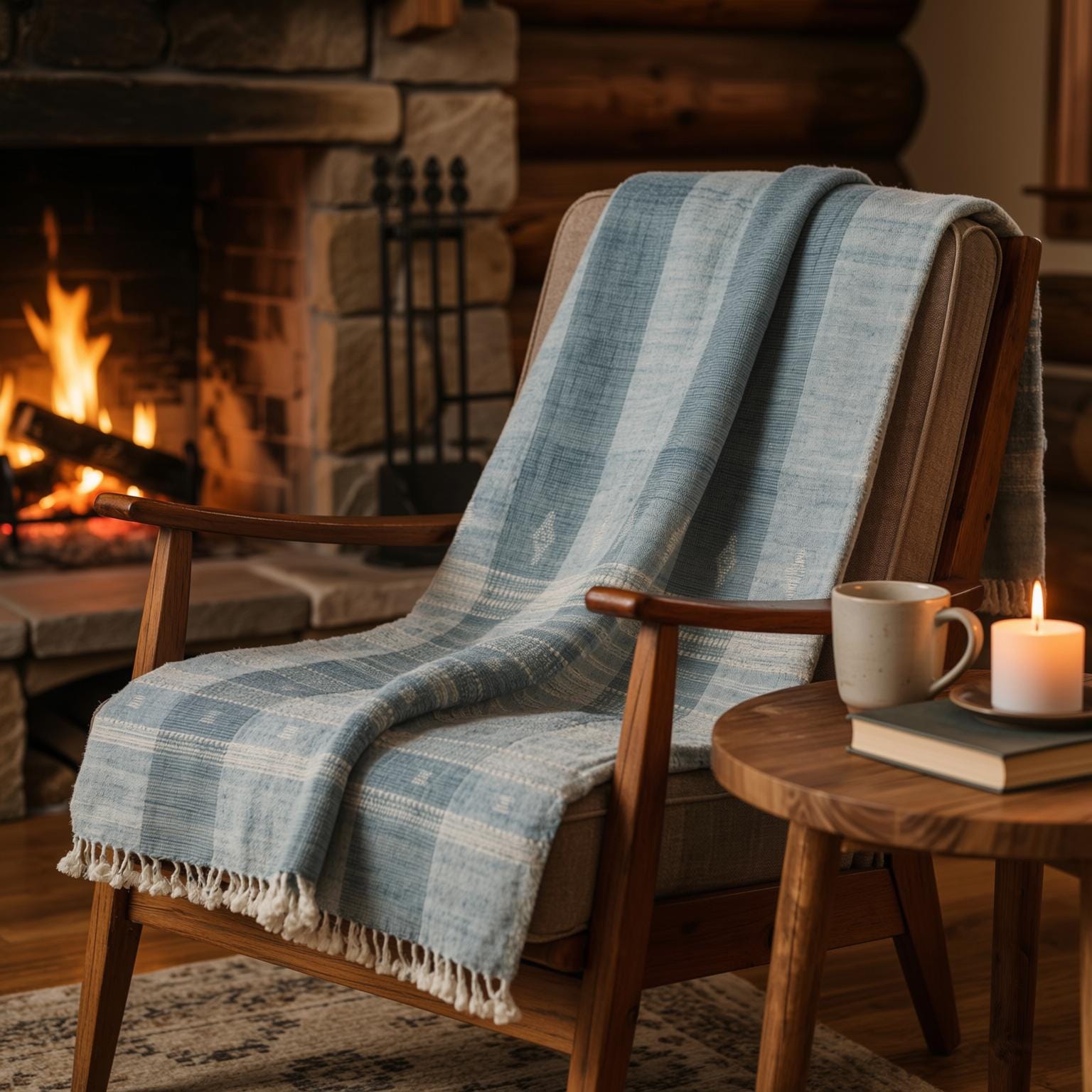 Teal Blue Indian Wool Throw Blanket, Handwoven Sofa Coverlet with Striped Foot-of-Bed Layer - IRIS