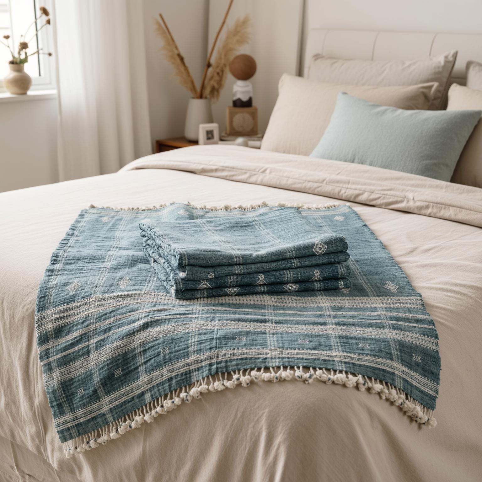 Teal Blue Indian Wool Throw Blanket, Handwoven Couch Throw & Geometric Bed Runner - TOPAS