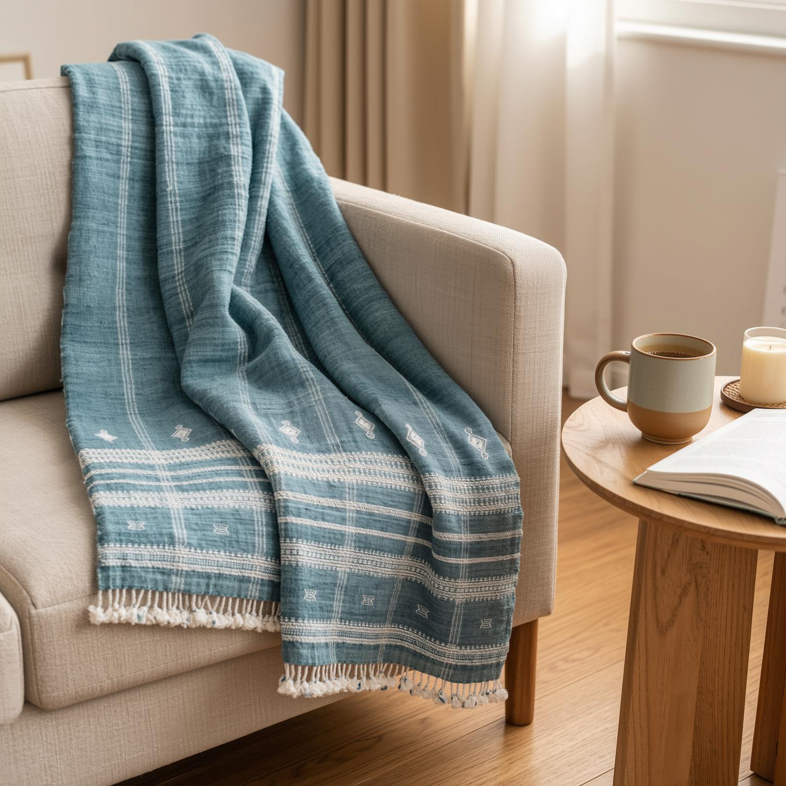 Teal Blue Indian Wool Throw Blanket, Handwoven Couch Throw & Geometric Bed Runner - TOPAS