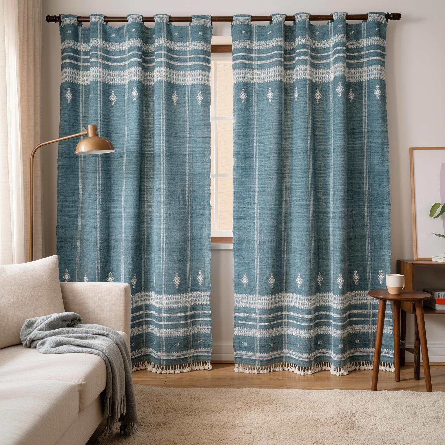 Teal Blue Indian Wool Throw Blanket, Handwoven Couch Throw & Geometric Bed Runner - TOPAS