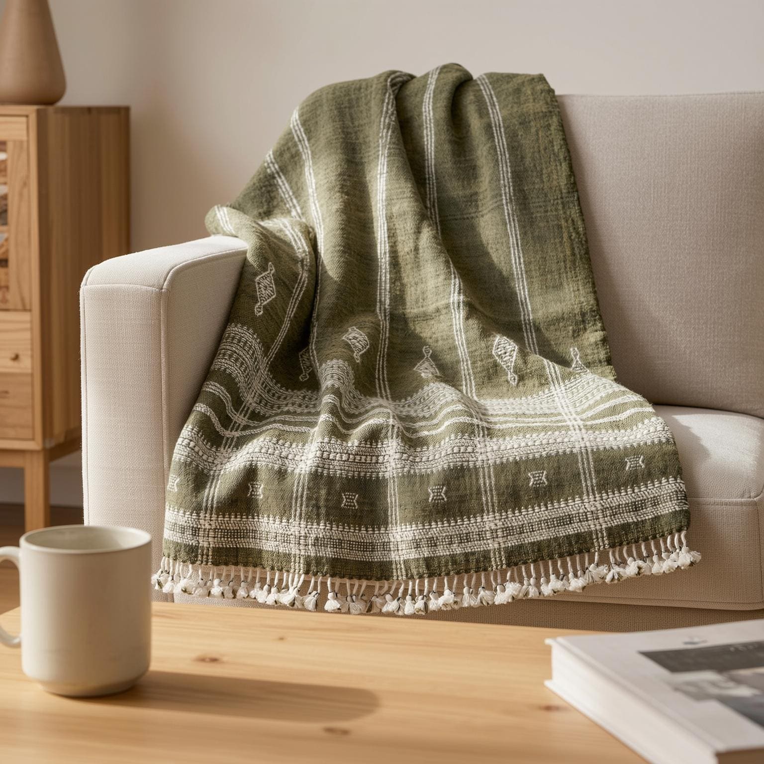Olive Green Indian Wool Throw Blanket, Handwoven Couch Coverlet with Foot-of-Bed Layer - OLIVER