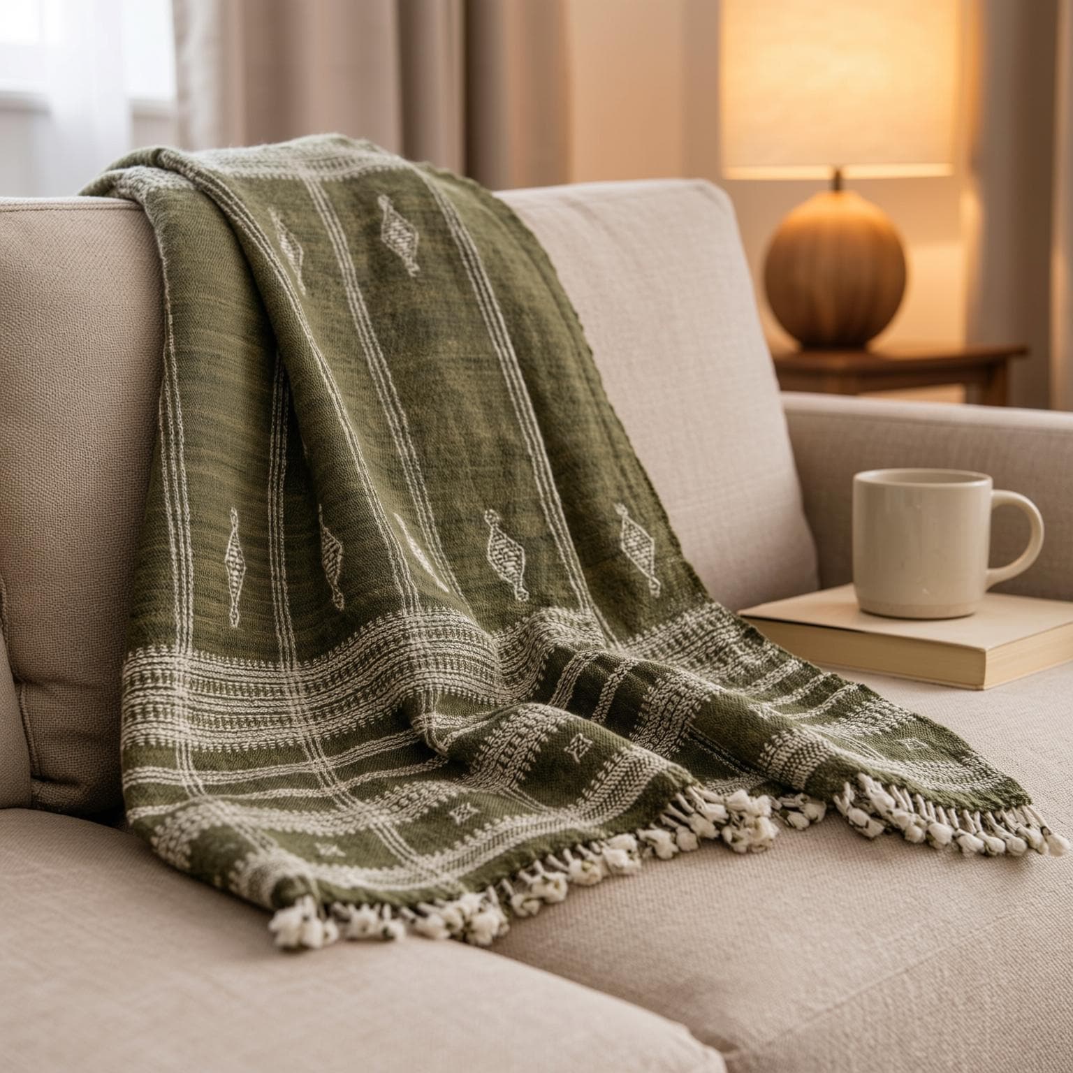 Olive Green Indian Wool Throw Blanket, Handwoven Couch Coverlet with Foot-of-Bed Layer - OLIVER