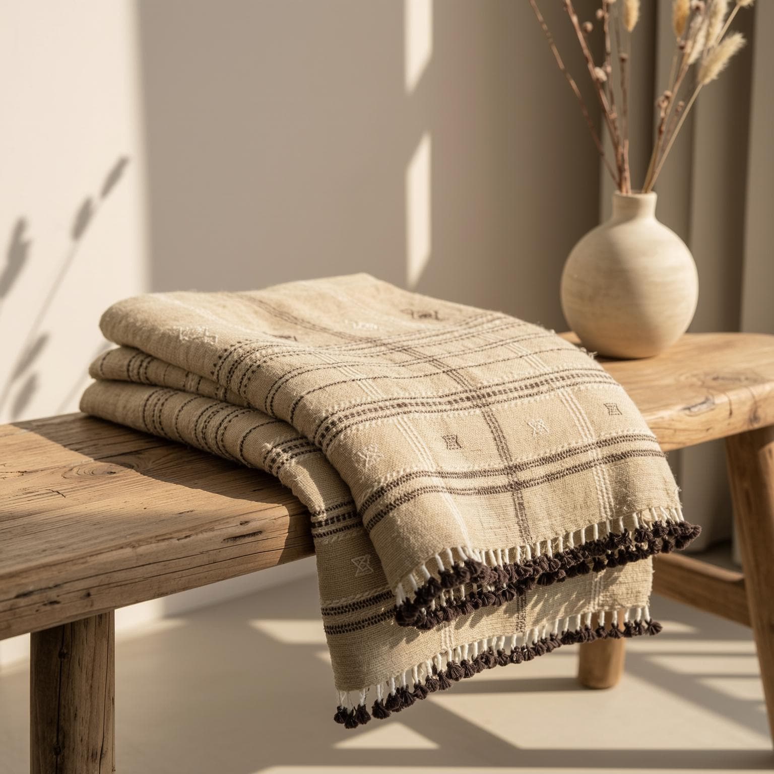 Tan Beige Indian Wool Throw Blanket, Handwoven Plaid Sofa Coverlet & Bed Runner - TANISHQ