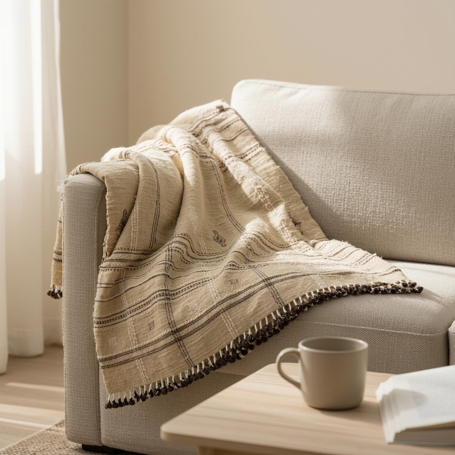 Tan Beige Indian Wool Throw Blanket, Handwoven Plaid Sofa Coverlet & Bed Runner - TANISHQ