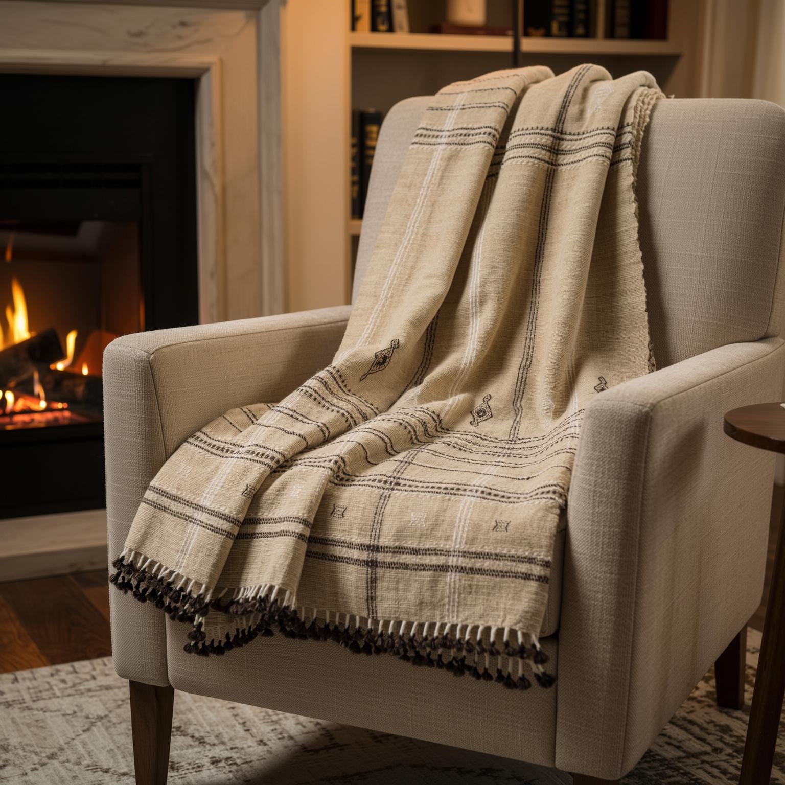 Tan Beige Indian Wool Throw Blanket, Handwoven Plaid Sofa Coverlet & Bed Runner - TANISHQ
