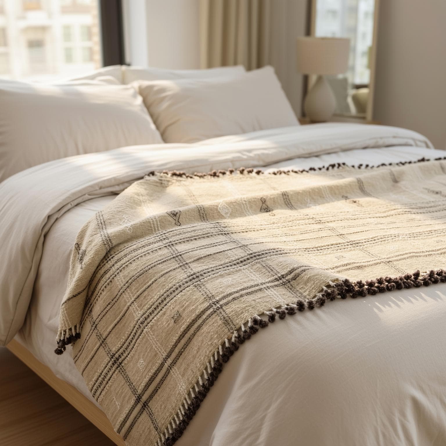 Tan Beige Indian Wool Throw Blanket, Handwoven Plaid Sofa Coverlet & Bed Runner - TANISHQ