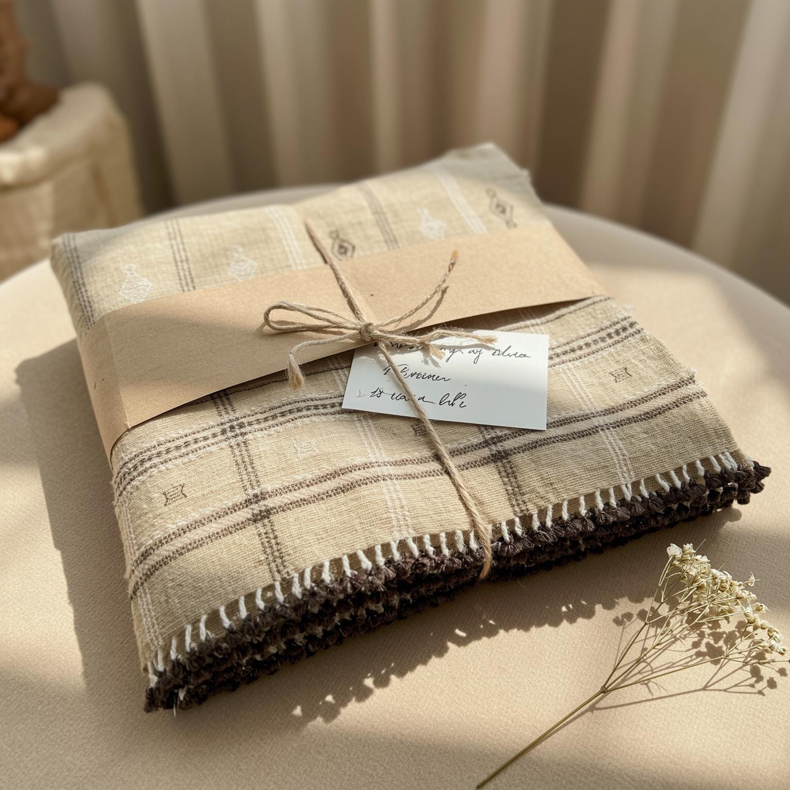 Tan Beige Indian Wool Throw Blanket, Handwoven Plaid Sofa Coverlet & Bed Runner - TANISHQ
