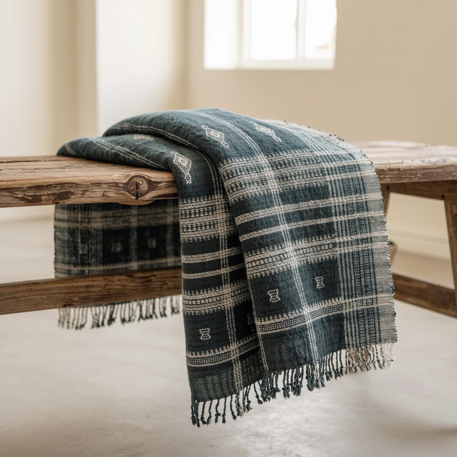 Charcoal Black Indian Wool Throw Blanket, Handwoven Sofa Coverlet with Dramatic Bed Layer - ONYX