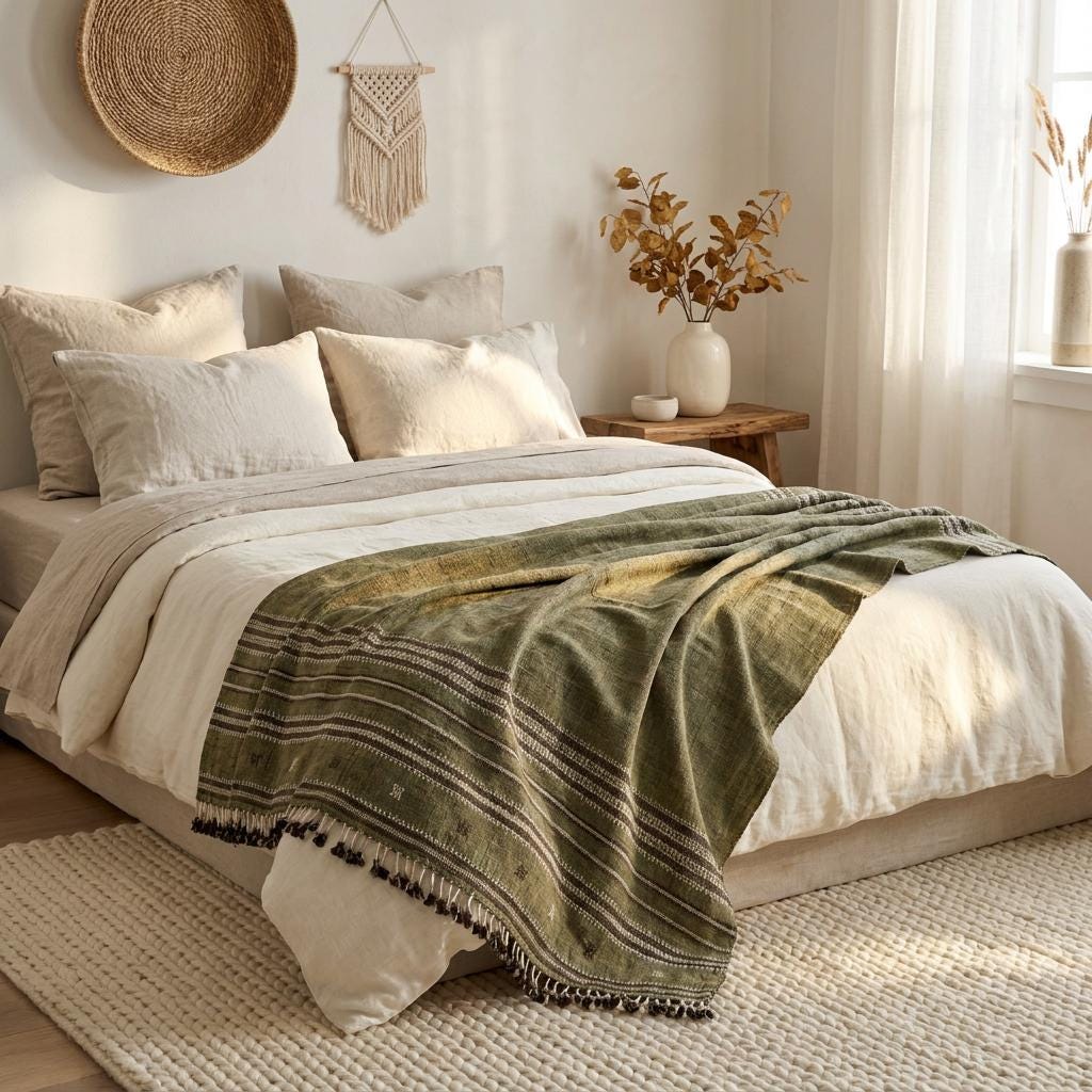 Olive Green Striped Indian Wool Throw Blanket, Handwoven Sofa Coverlet & Bed Runner - GARNET